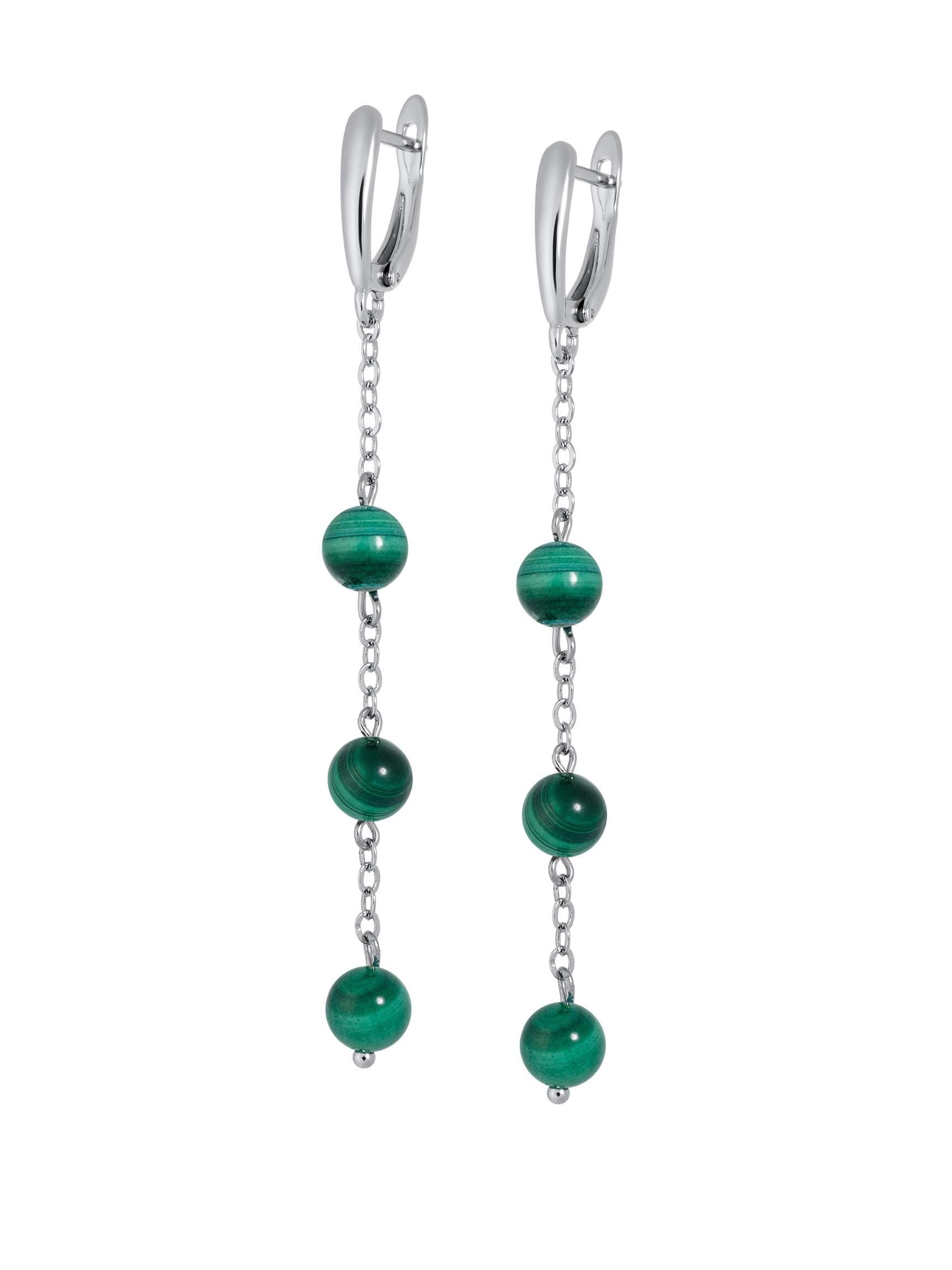 Silver Long Dangle Earrings Malachite Beads, Minimalist Green Chain Boho Jewelry, Birthstone Gift for Her, Handmade Dainty Earrings