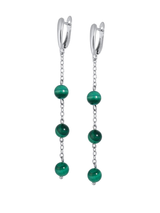 Silver Long Dangle Earrings Malachite Beads, Minimalist Green Chain Boho Jewelry, Birthstone Gift for Her, Handmade Dainty Earrings
