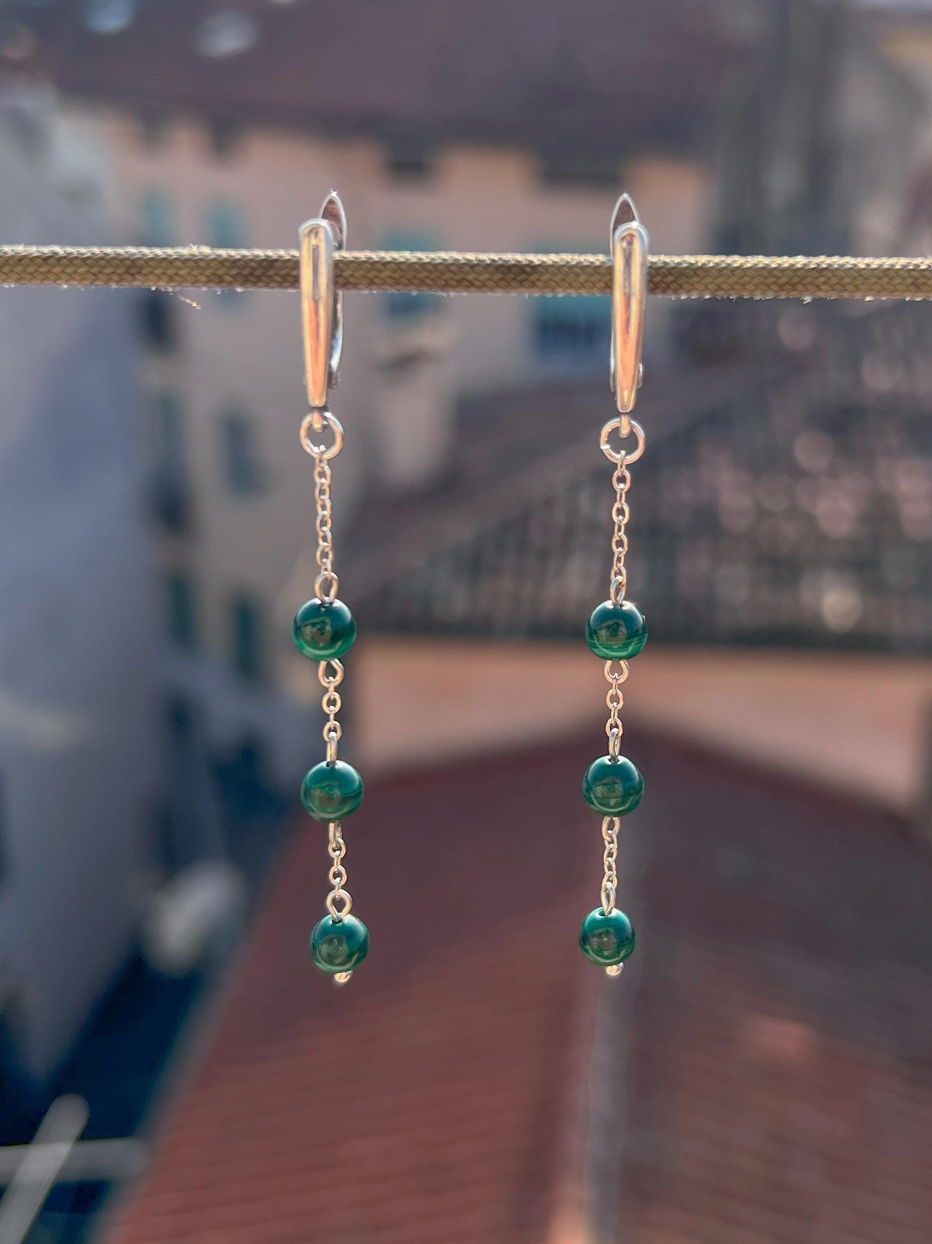 Silver Long Dangle Earrings Malachite Beads, Minimalist Green Chain Boho Jewelry, Birthstone Gift for Her, Handmade Dainty Earrings