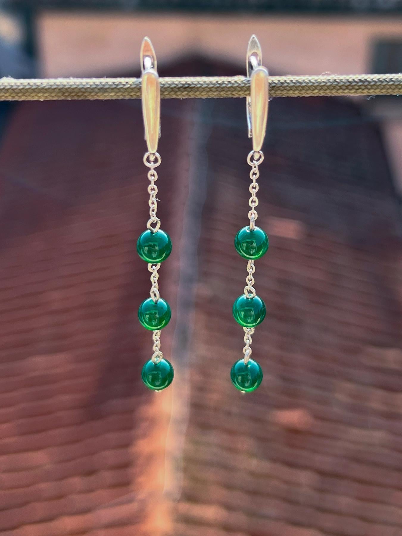 Jade Silver Dangle Earrings, Minimalist Green Bead Chain Earrings, Dainty Boho Birthstone Jewelry, Handmade Gift for Her, Statement Earrings