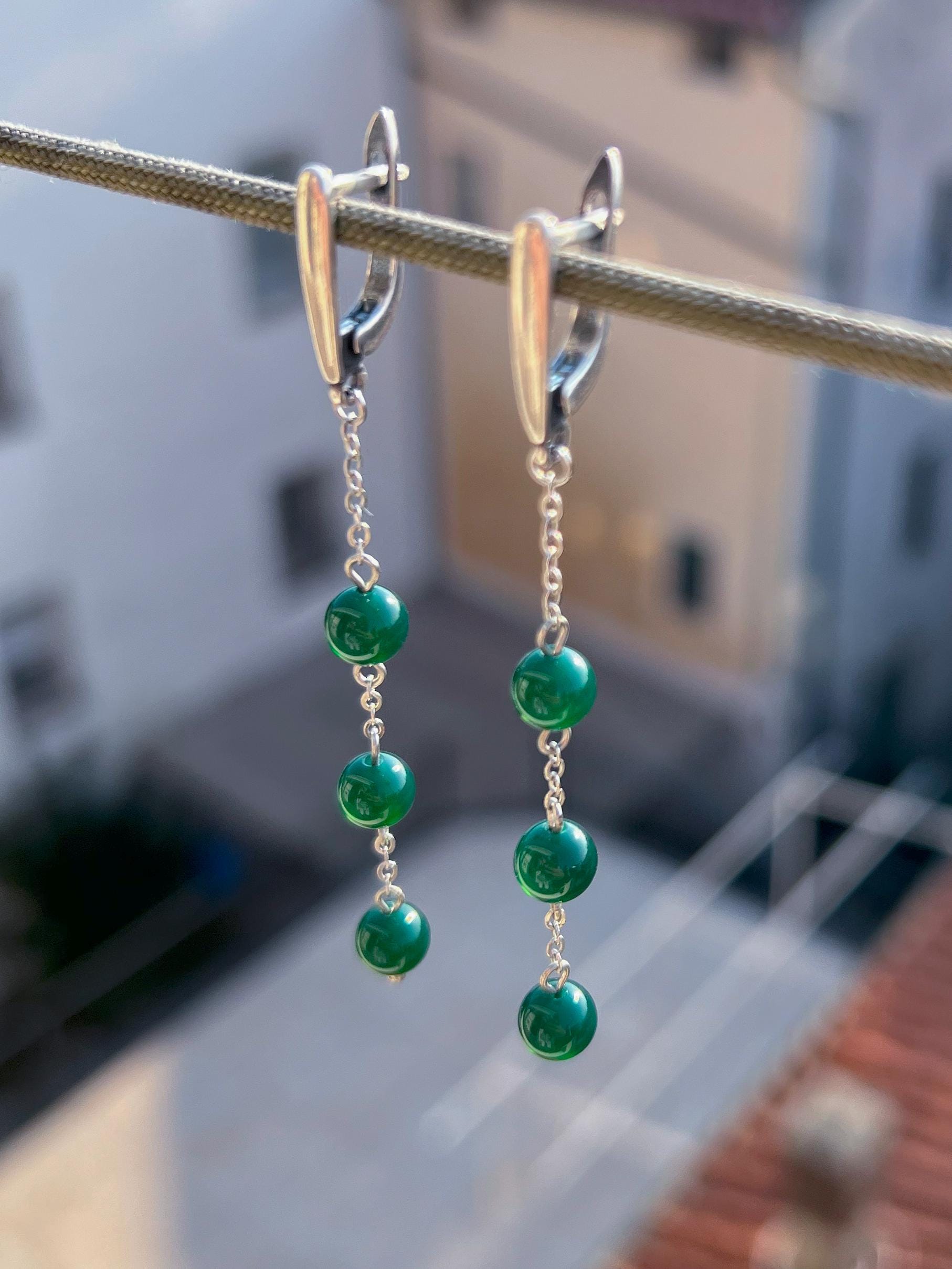 Jade Silver Dangle Earrings, Minimalist Green Bead Chain Earrings, Dainty Boho Birthstone Jewelry, Handmade Gift for Her, Statement Earrings