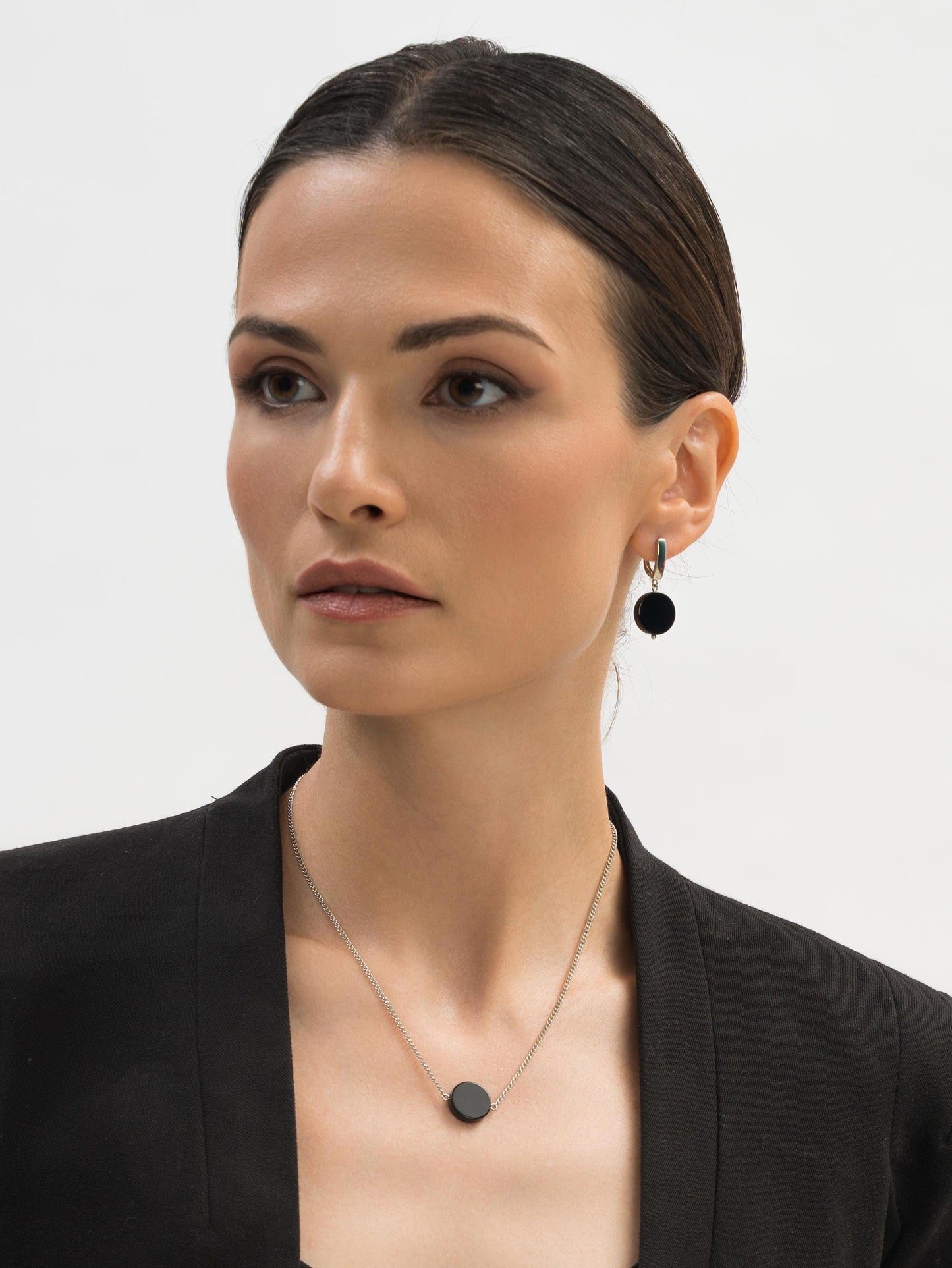 Black Onyx Dangle Earrings, Geometric Silver Bead Crystal Earrings, Minimalist Statement Gemstone Jewelry, Birthstone Gift for Her