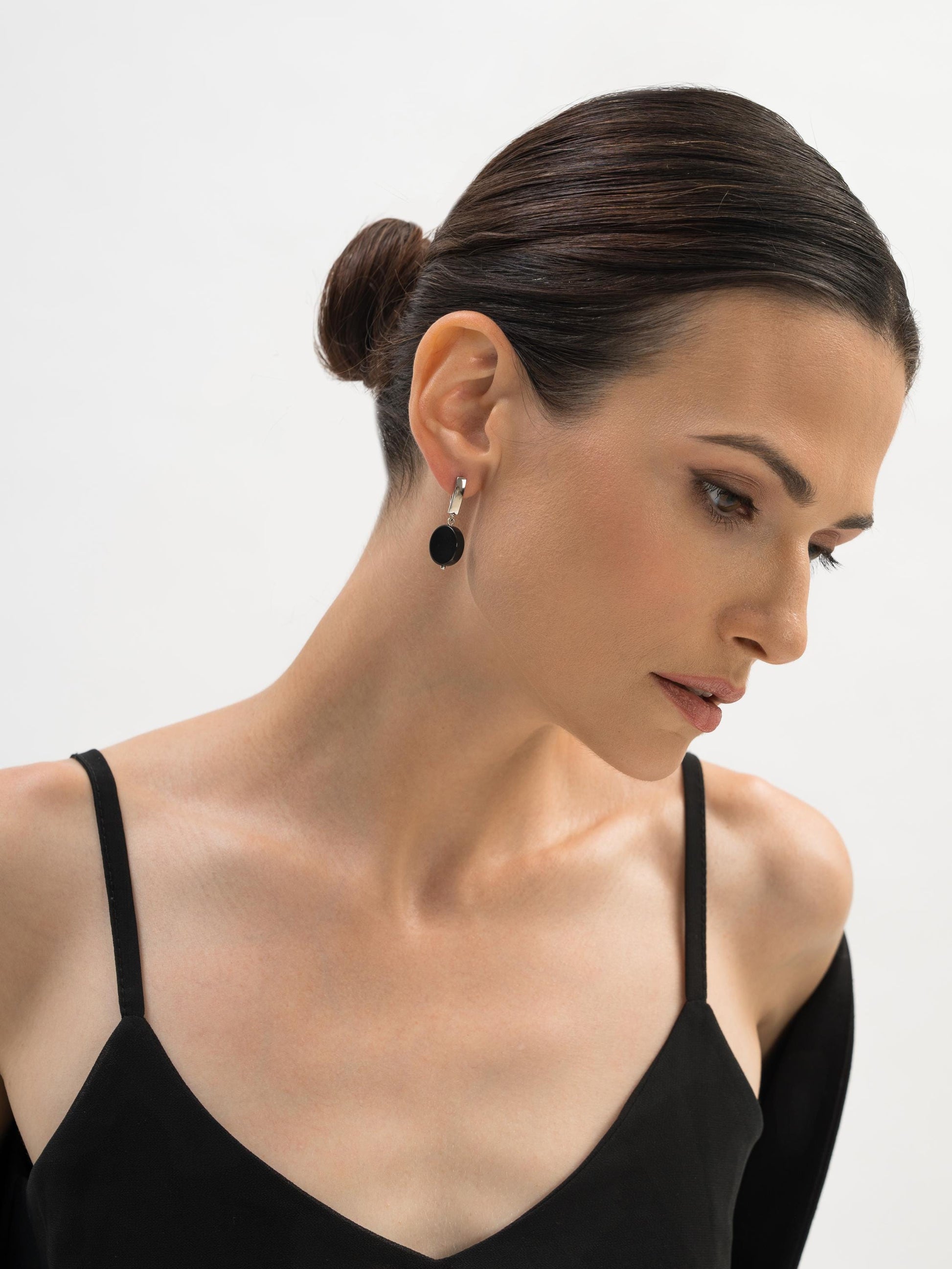 Black Onyx Dangle Earrings, Geometric Silver Bead Crystal Earrings, Minimalist Statement Gemstone Jewelry, Birthstone Gift for Her