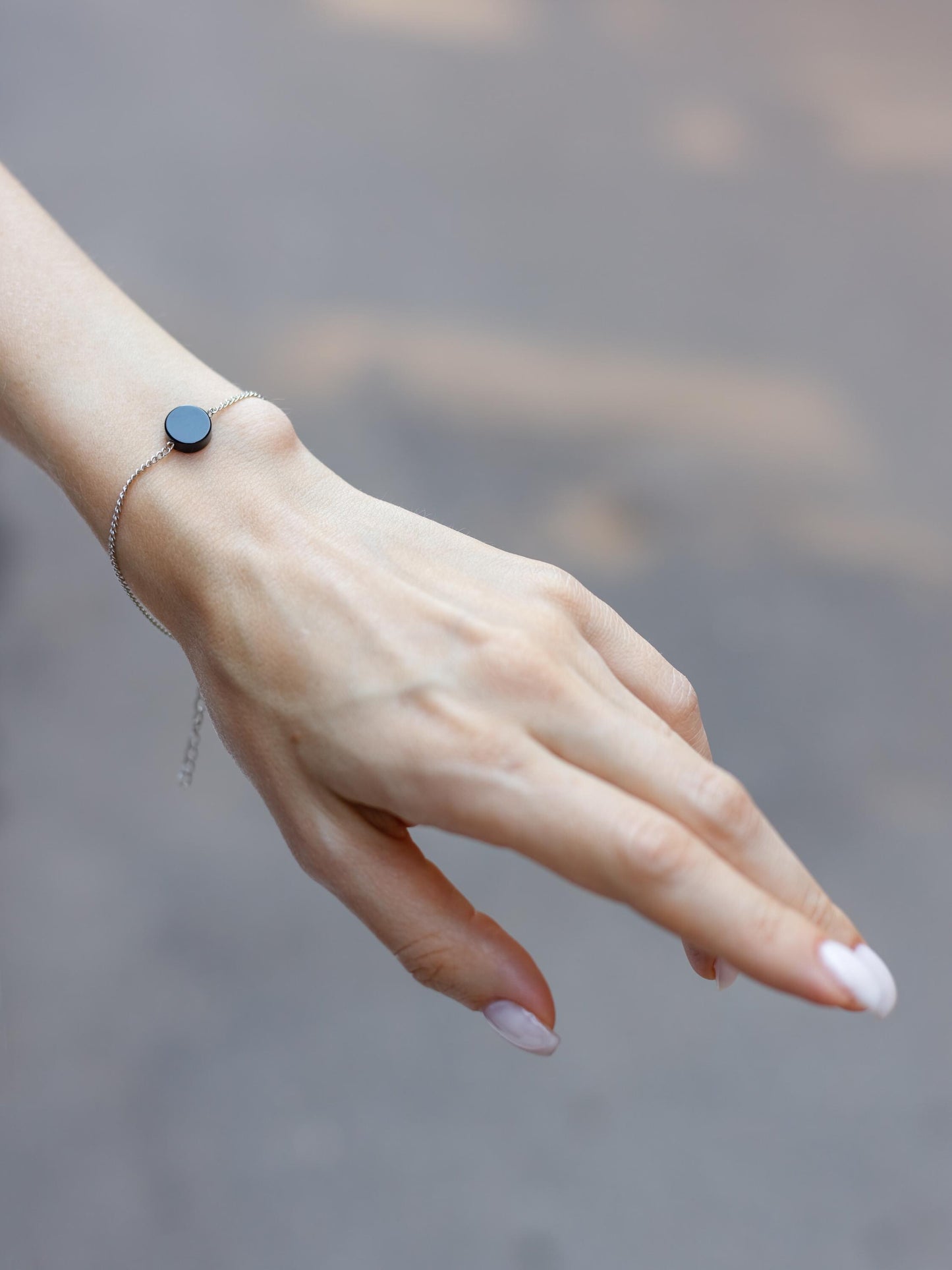 Italian Charm Bracelet, Silver Chain Onyx Bracelet, Minimalist Dainty Gemstone Jewelry, Y2K Protection Gift for Him Her, Adjustable Stack