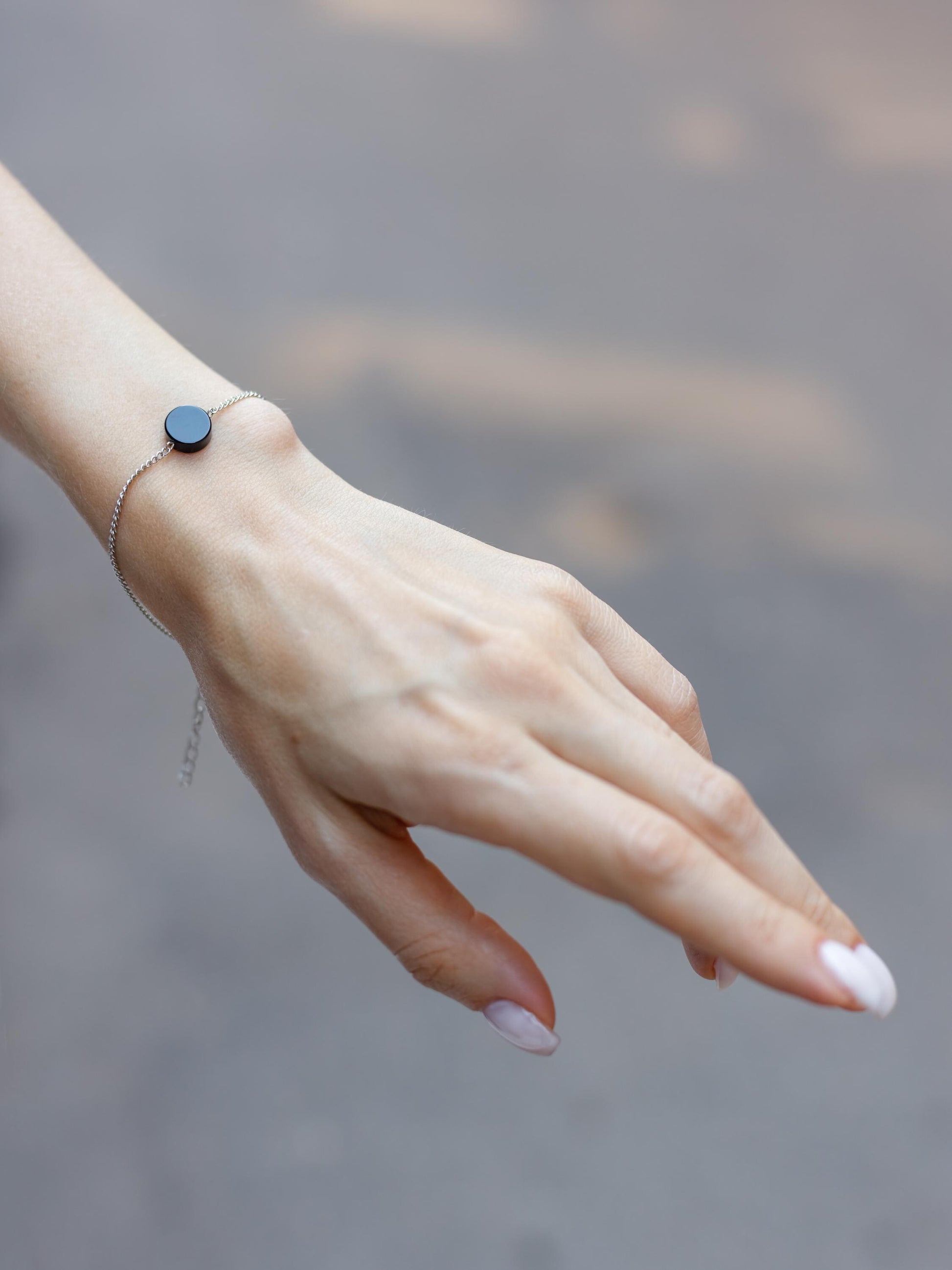 Italian Charm Bracelet, Silver Chain Onyx Bracelet, Minimalist Dainty Gemstone Jewelry, Y2K Protection Gift for Him Her, Adjustable Stack