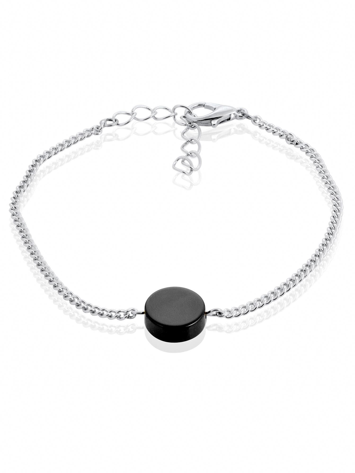 Italian Charm Bracelet, Silver Chain Onyx Bracelet, Minimalist Dainty Gemstone Jewelry, Y2K Protection Gift for Him Her, Adjustable Stack