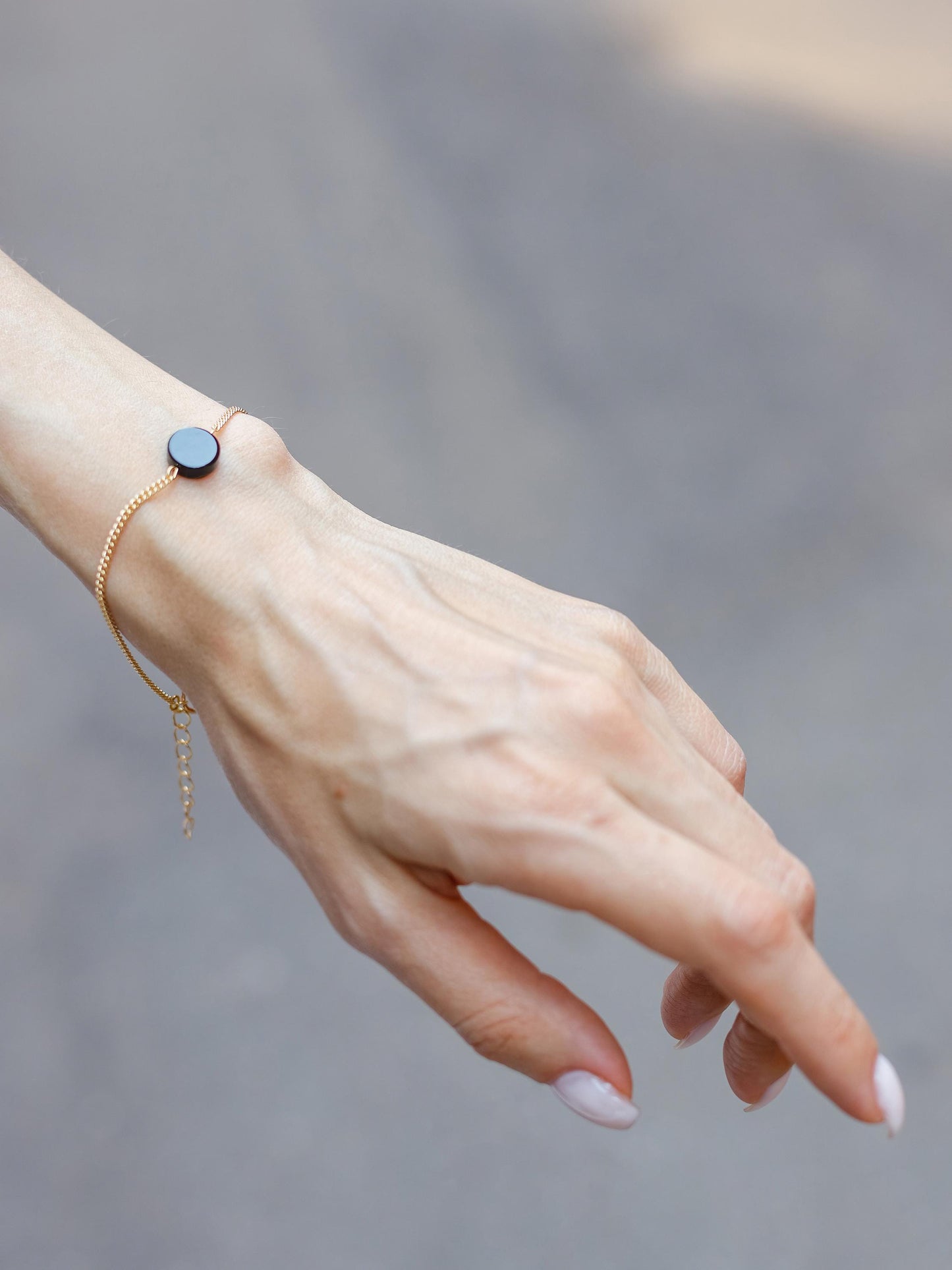 Gold Chain Bracelet, Minimalist Gemstone Bracelet, Dainty Onyx Charm, Adjustable Hand Chain, Y2K Protection Jewelry, Gift for Her, Stack