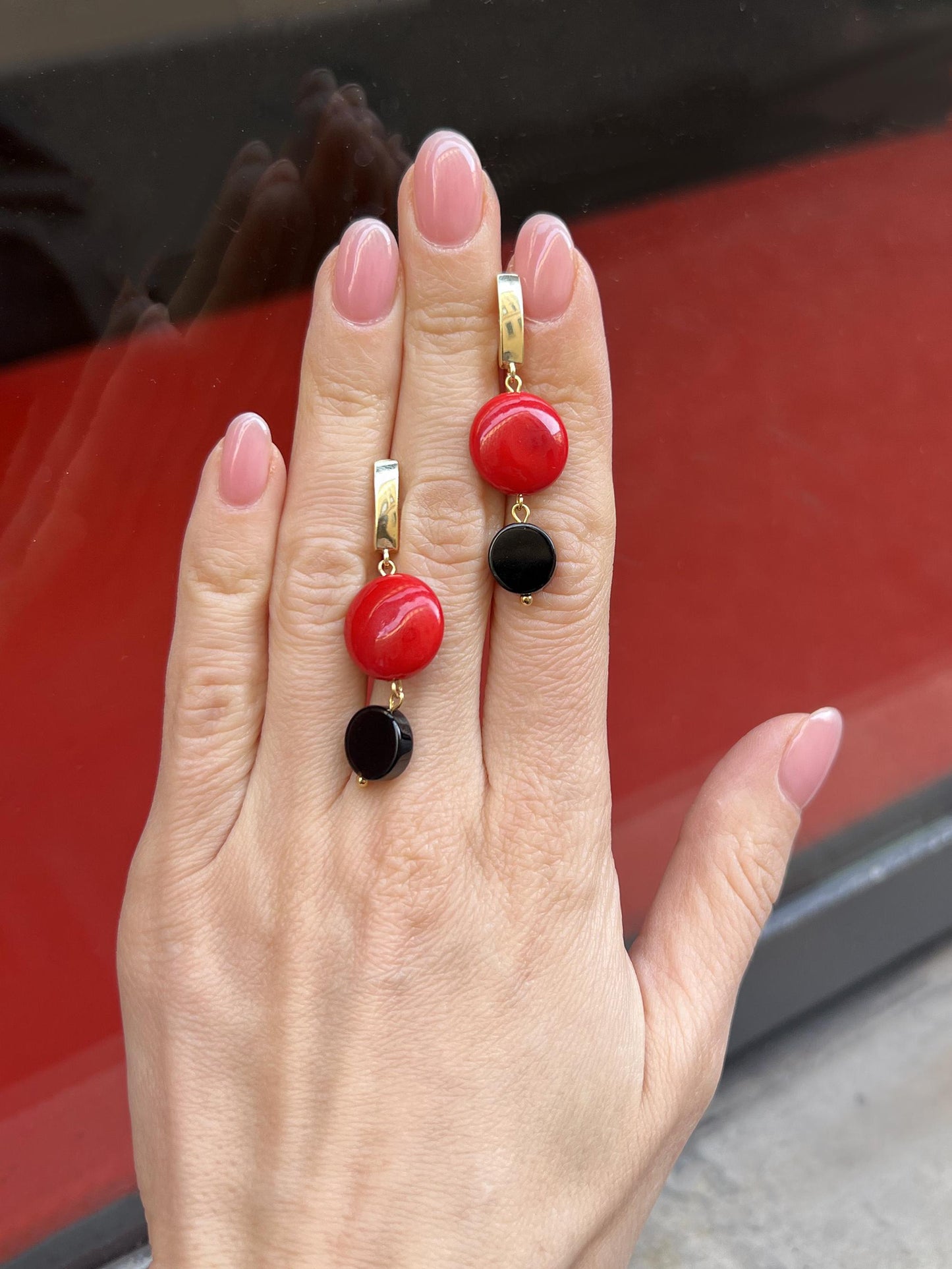 Gold Dangle Earrings with Black Agate and Red Stone, Lightweight Statement Jewelry, Art Deco Suprematism Earrings, Elegant Gift for Her
