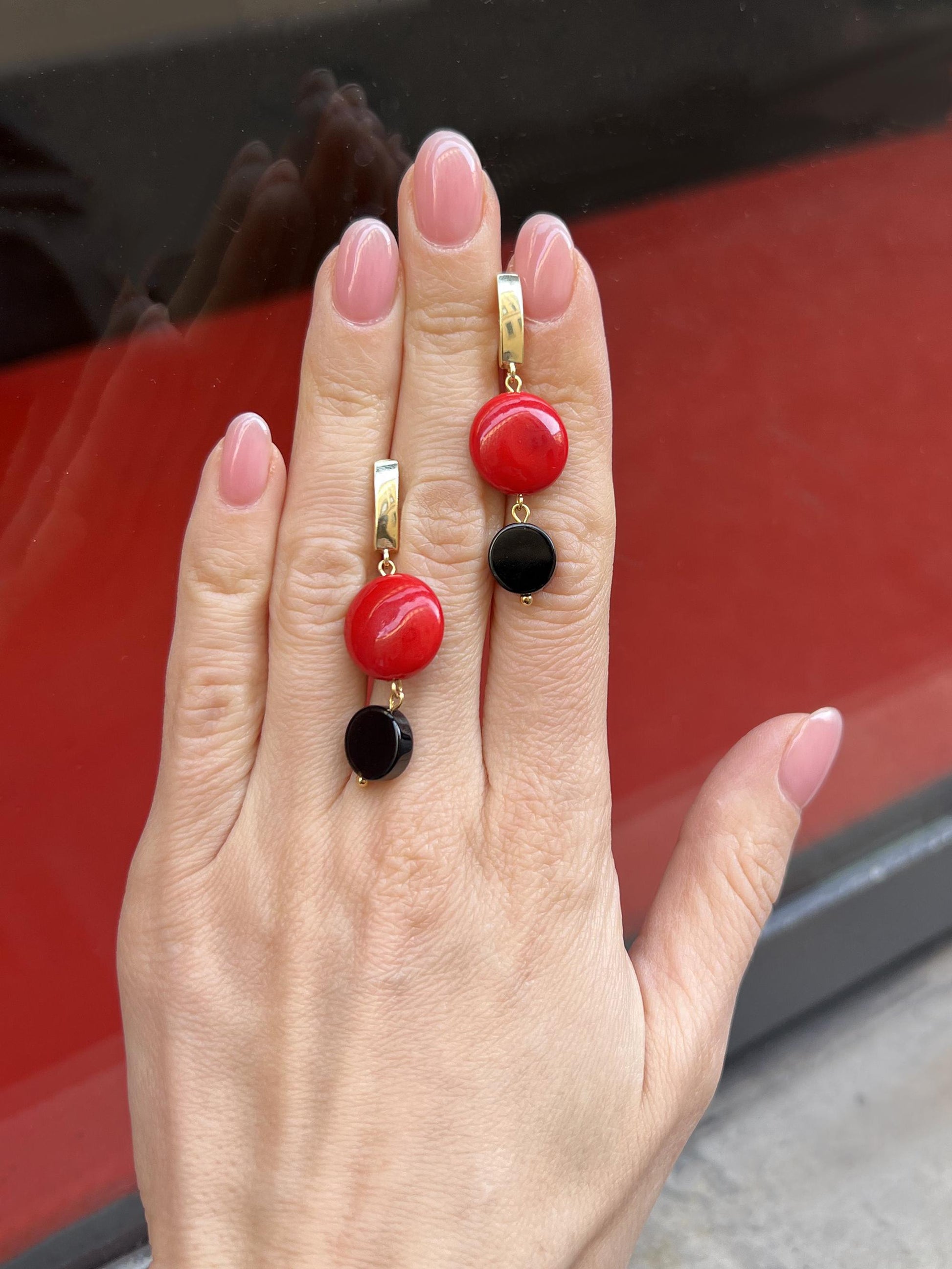 Gold Dangle Earrings with Black Agate and Red Stone, Lightweight Statement Jewelry, Art Deco Suprematism Earrings, Elegant Gift for Her
