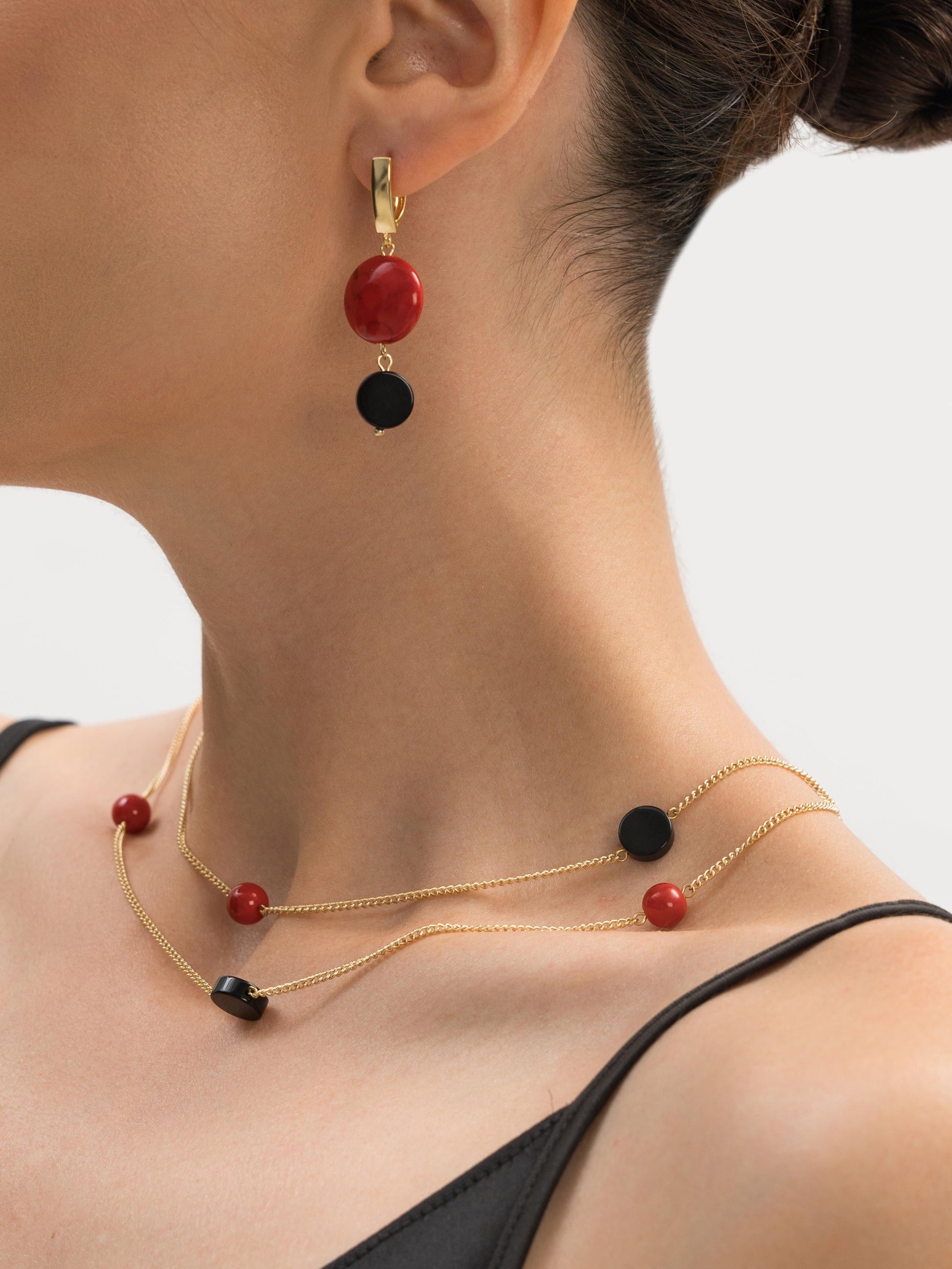 Gold Dangle Earrings with Black Agate and Red Stone, Lightweight Statement Jewelry, Art Deco Suprematism Earrings, Elegant Gift for Her