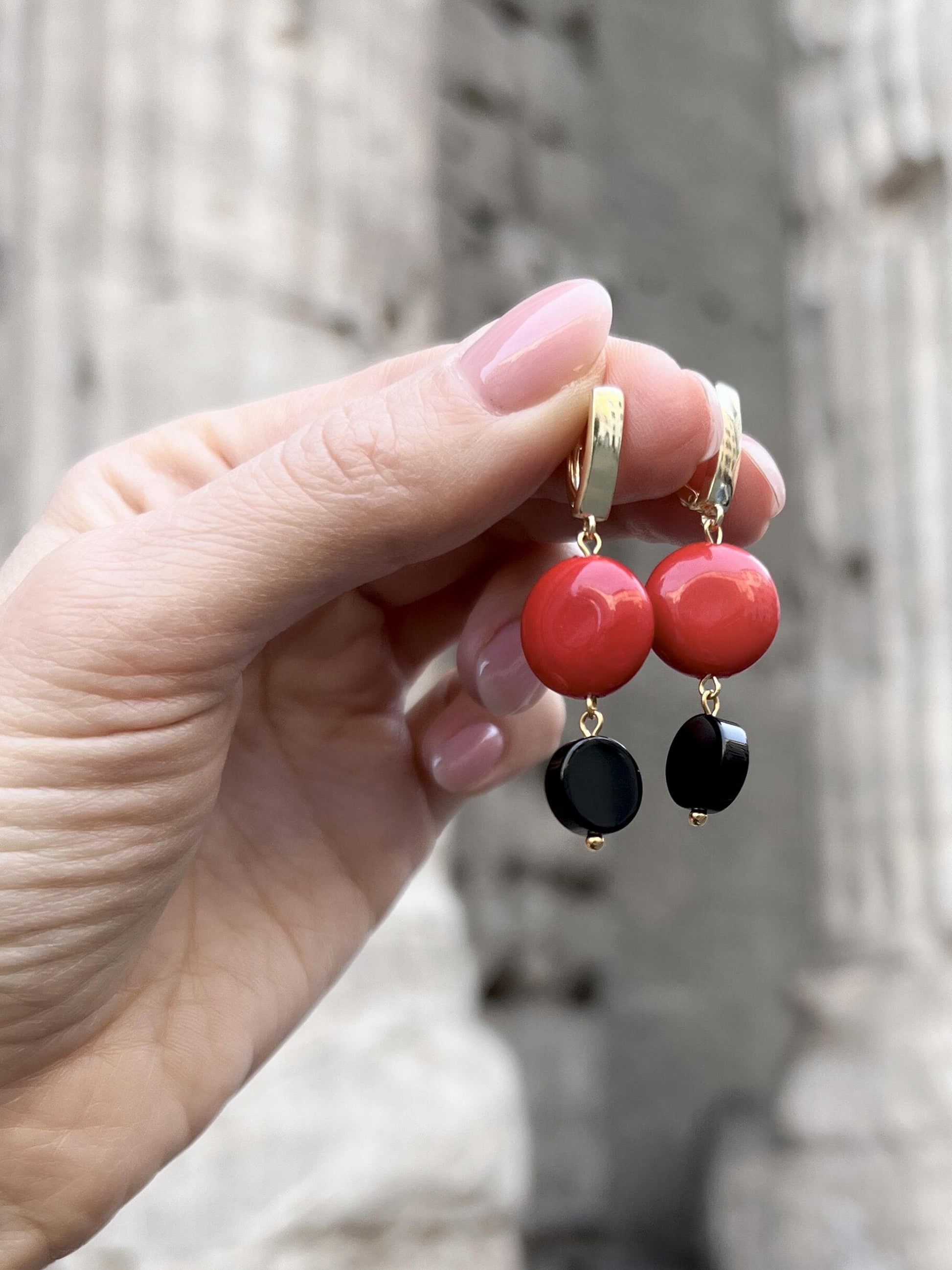 Gold Dangle Earrings with Black Agate and Red Stone, Lightweight Statement Jewelry, Art Deco Suprematism Earrings, Elegant Gift for Her