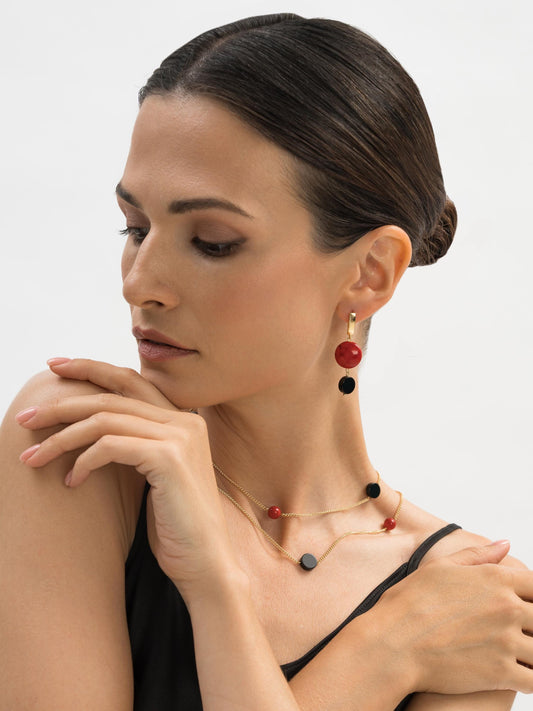 Gold Dangle Earrings with Black Agate and Red Stone, Lightweight Statement Jewelry, Art Deco Suprematism Earrings, Elegant Gift for Her