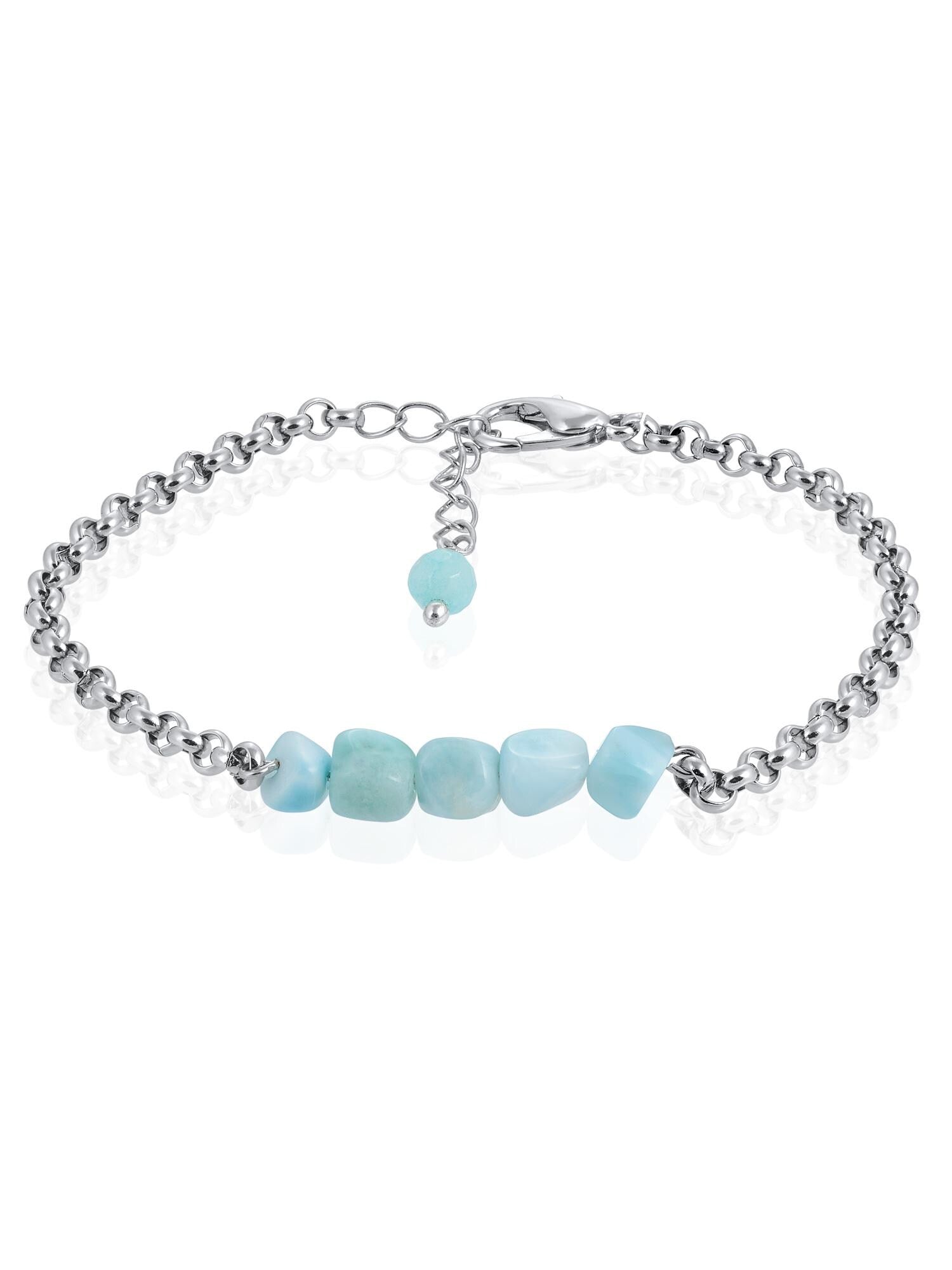 Silver Chain Bracelet with Larimar – Blue Gemstone Crystal Hand Chain Bracelet | Y2K Birthstone Stack | Summer Jewelry Gift for Her