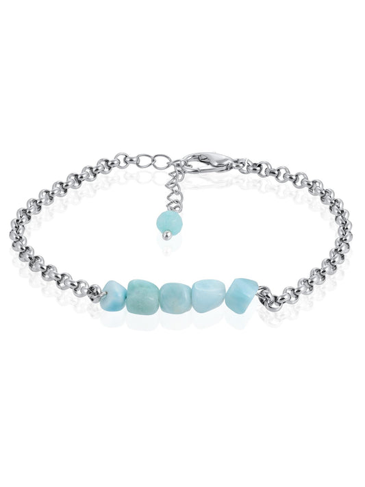 Silver Chain Bracelet with Larimar – Blue Gemstone Crystal Hand Chain Bracelet | Y2K Birthstone Stack | Summer Jewelry Gift for Her
