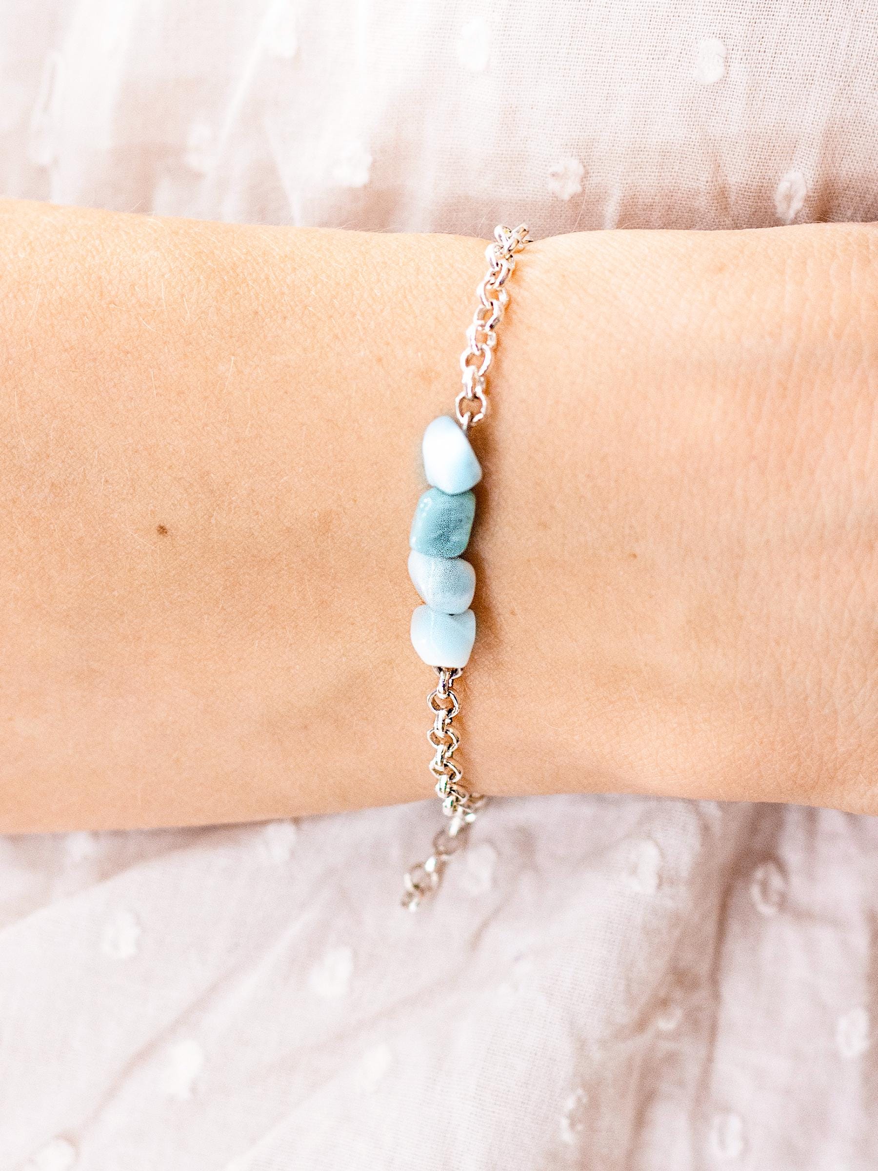 Silver Chain Bracelet with Larimar – Blue Gemstone Crystal Hand Chain Bracelet | Y2K Birthstone Stack | Summer Jewelry Gift for Her