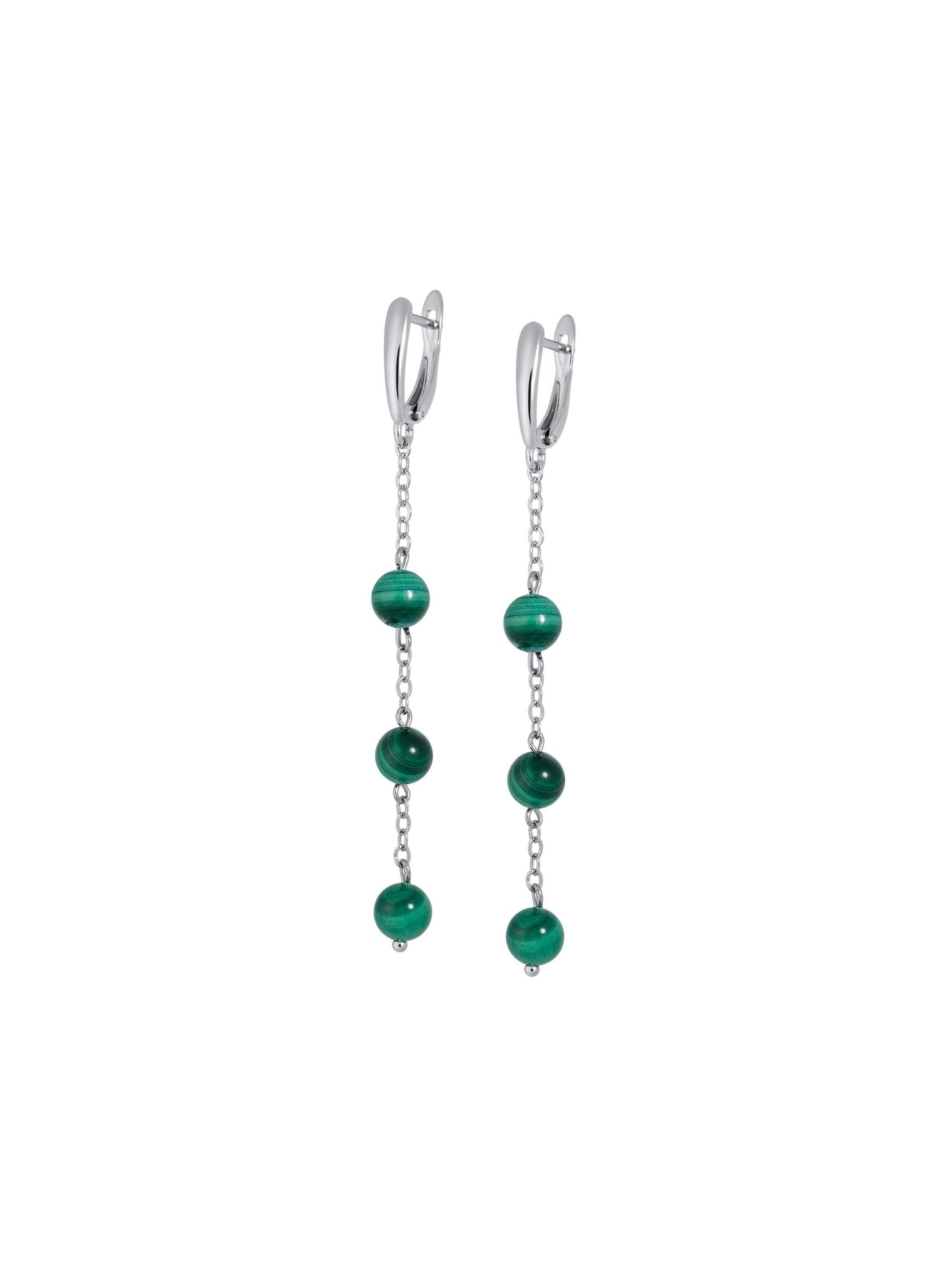 Silver Long Dangle Earrings Malachite Beads, Minimalist Green Chain Boho Jewelry, Birthstone Gift for Her, Handmade Dainty Earrings