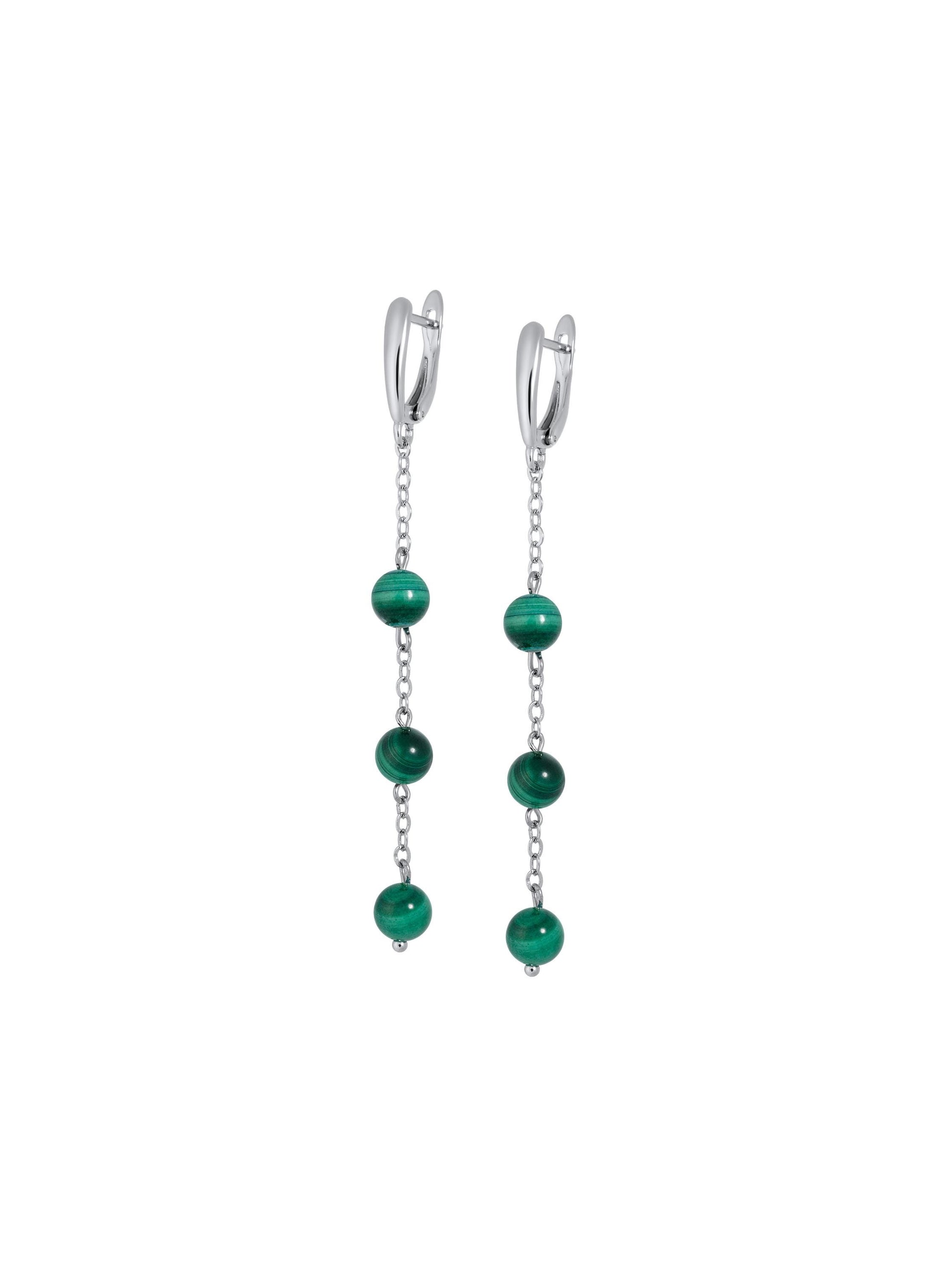 Silver Long Dangle Earrings Malachite Beads, Minimalist Green Chain Boho Jewelry, Birthstone Gift for Her, Handmade Dainty Earrings