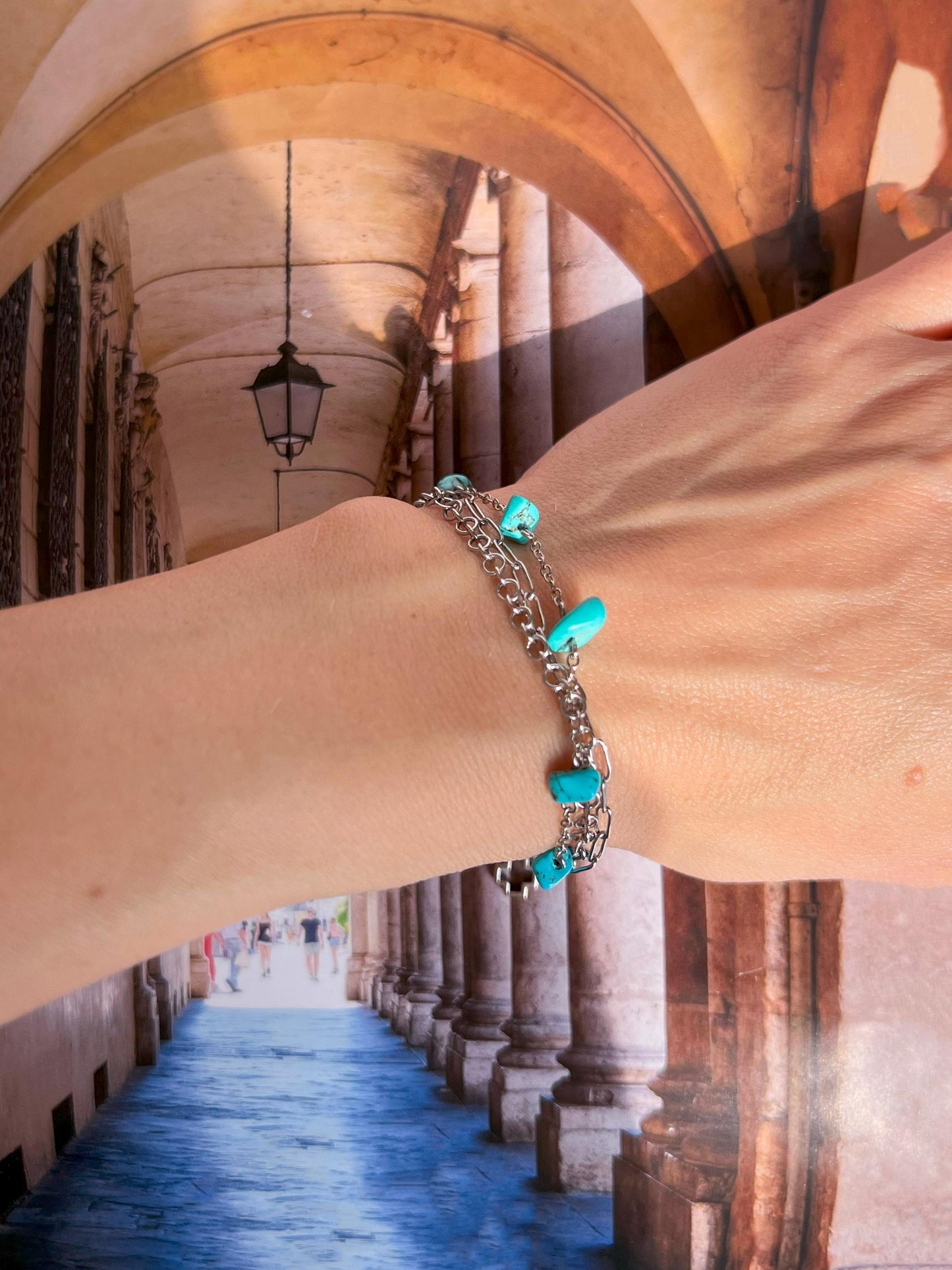 Turquoise Howlite Crystal Charm Chain Bracelet stacking, Dainty Silver Layered Blue Birthstone Boho Jewelry, Handmade Unique Gift for Her