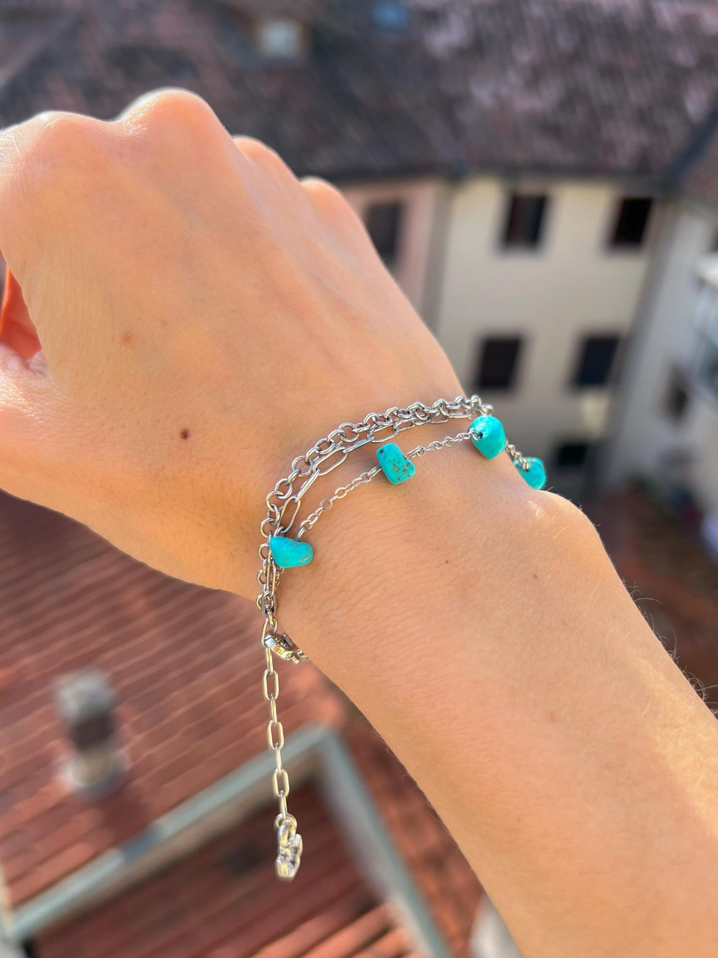 Turquoise Howlite Crystal Charm Chain Bracelet stacking, Dainty Silver Layered Blue Birthstone Boho Jewelry, Handmade Unique Gift for Her