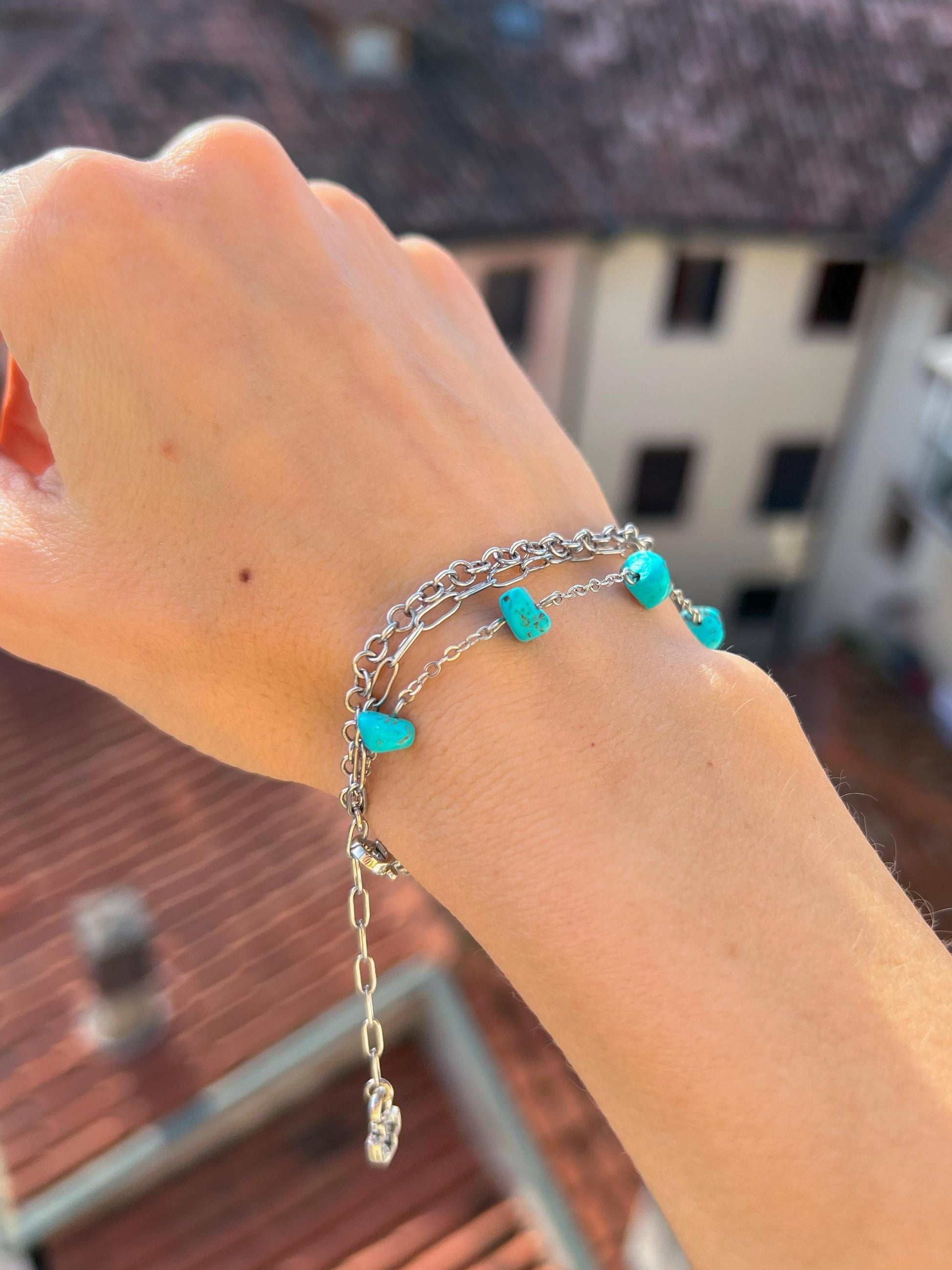 Turquoise Howlite Crystal Charm Chain Bracelet stacking, Dainty Silver Layered Blue Birthstone Boho Jewelry, Handmade Unique Gift for Her