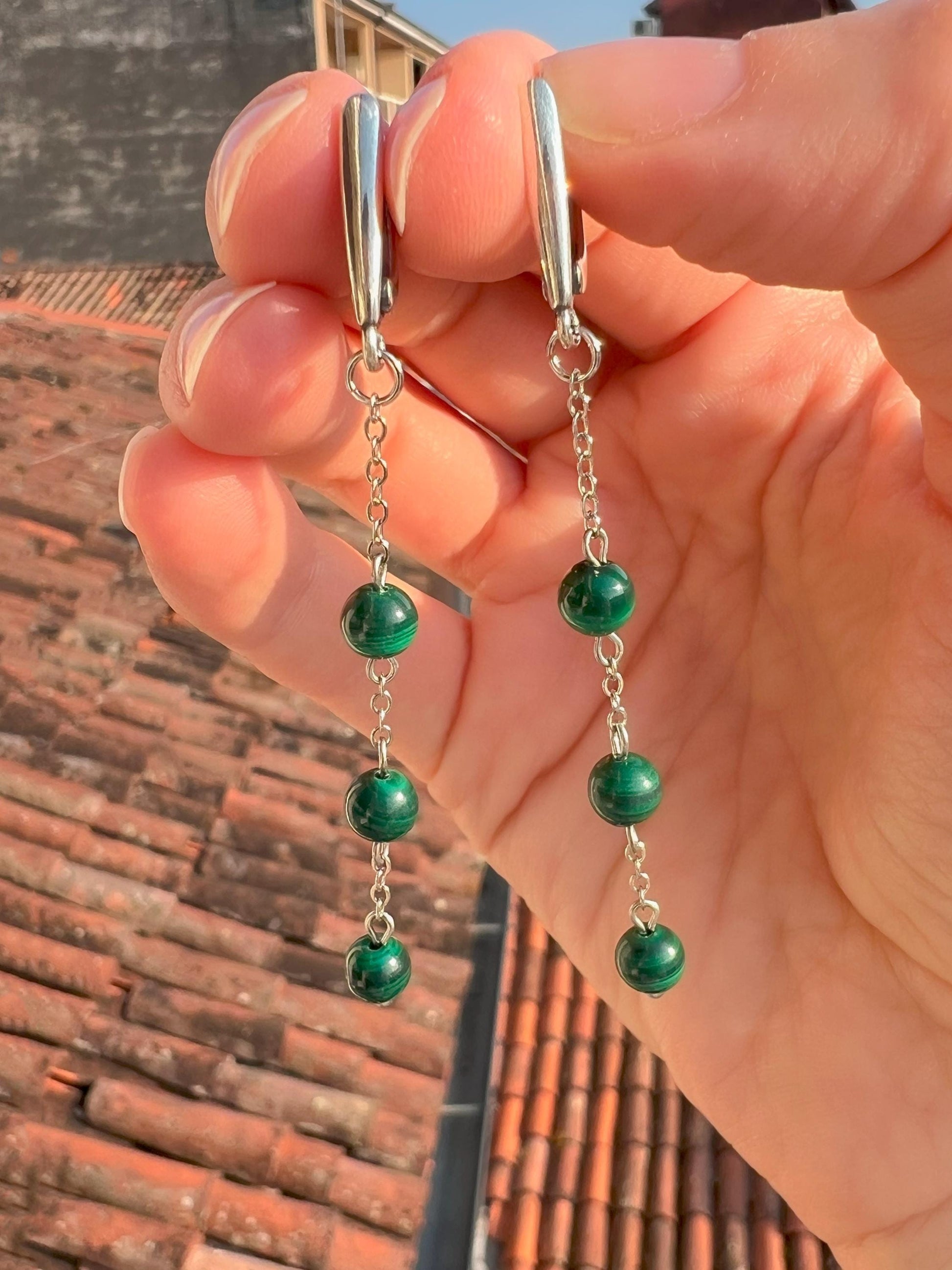Silver Long Dangle Earrings Malachite Beads, Minimalist Green Chain Boho Jewelry, Birthstone Gift for Her, Handmade Dainty Earrings