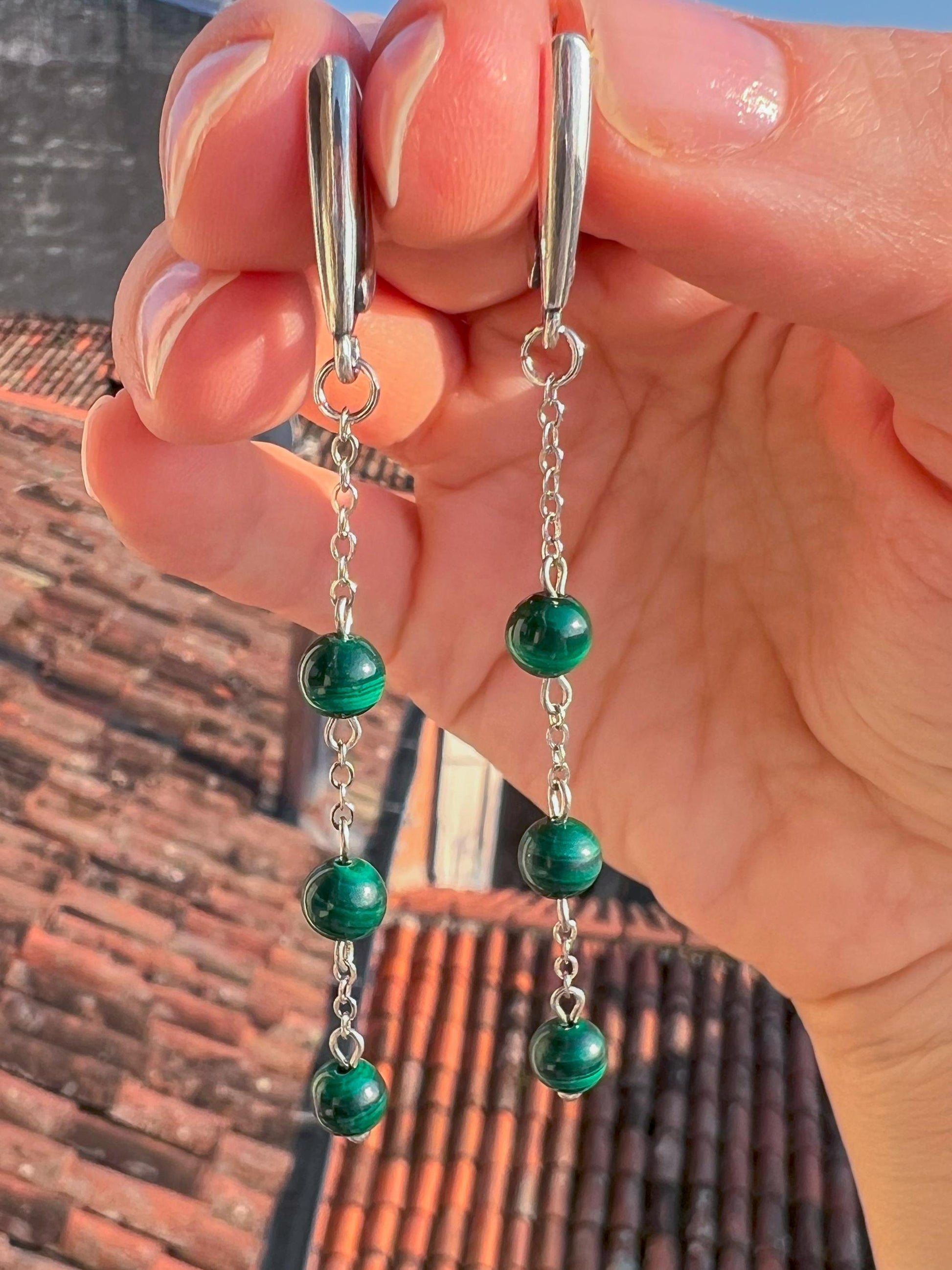 Silver Long Dangle Earrings Malachite Beads, Minimalist Green Chain Boho Jewelry, Birthstone Gift for Her, Handmade Dainty Earrings