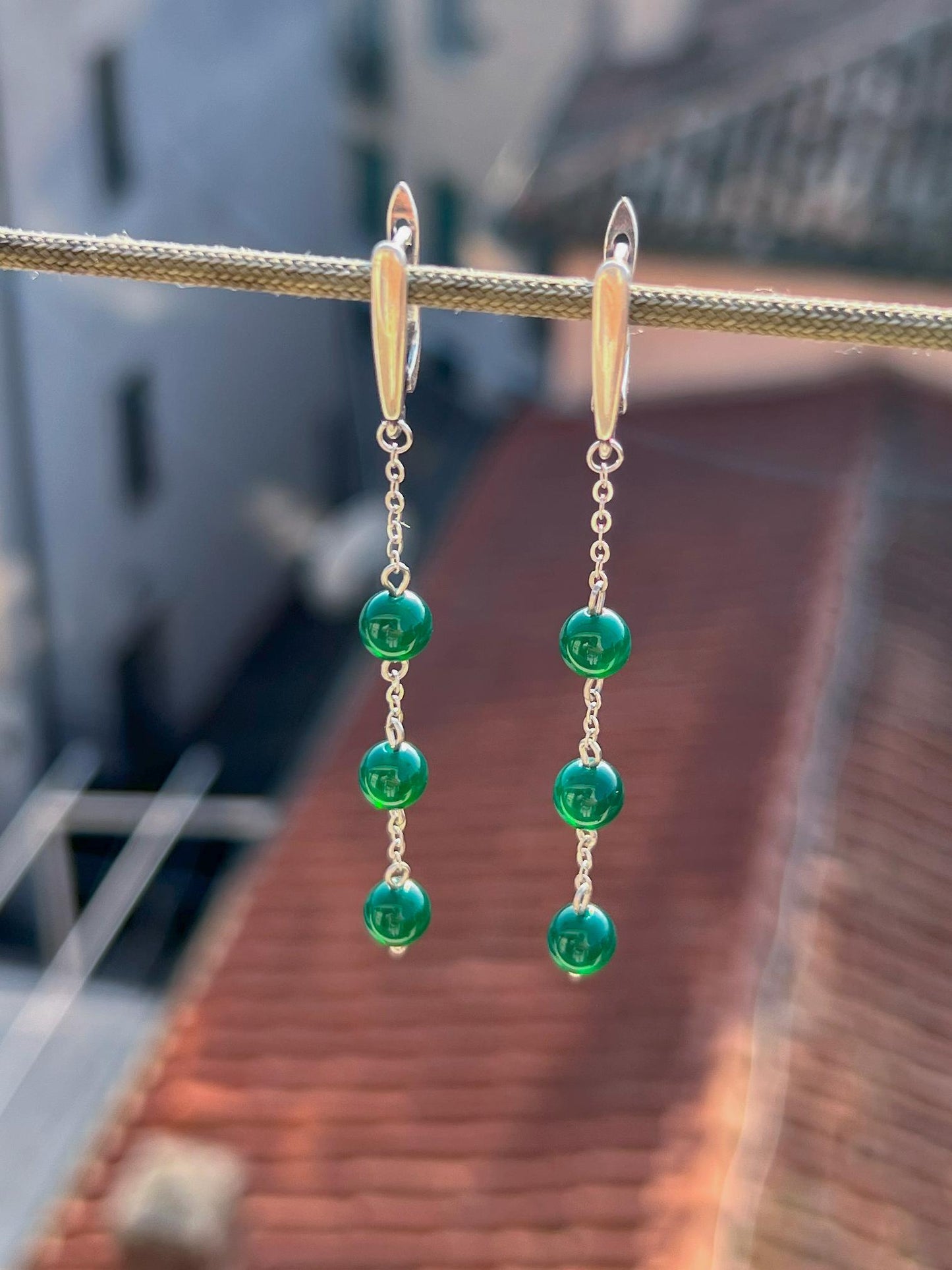 Jade Silver Dangle Earrings, Minimalist Green Bead Chain Earrings, Dainty Boho Birthstone Jewelry, Handmade Gift for Her, Statement Earrings