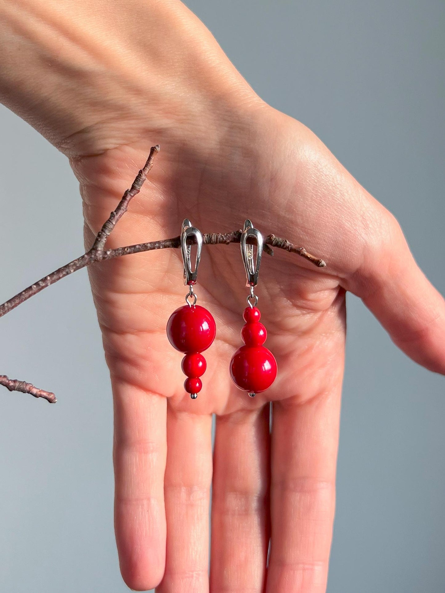 Silver Red Mismatched Earrings, Dangle Handmade Statement Jewelry, Unique Asymmetrical Beaded Art Deco Earrings, Gift for Her, Cute Look