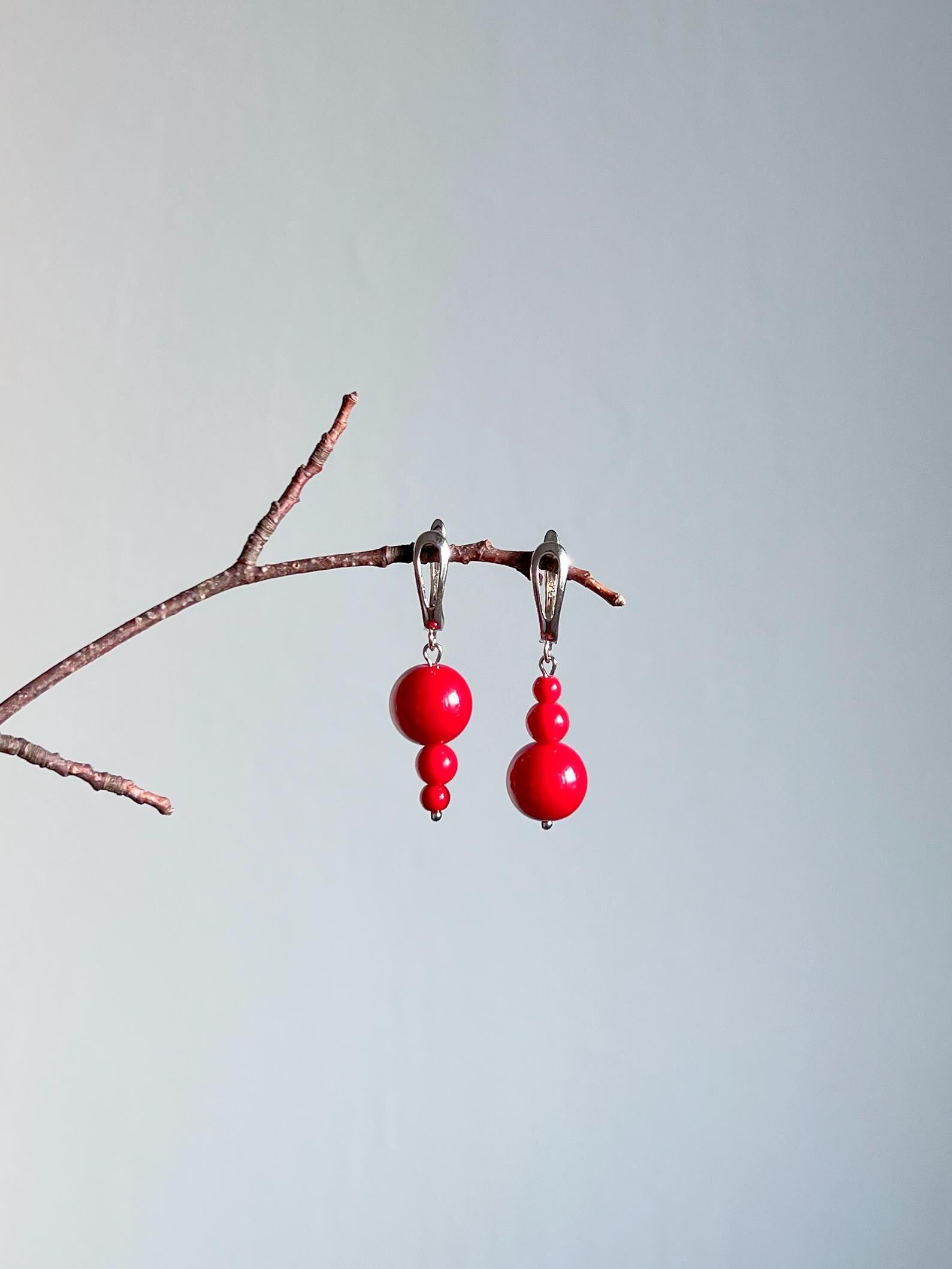 Silver Red Mismatched Earrings, Dangle Handmade Statement Jewelry, Unique Asymmetrical Beaded Art Deco Earrings, Gift for Her, Cute Look