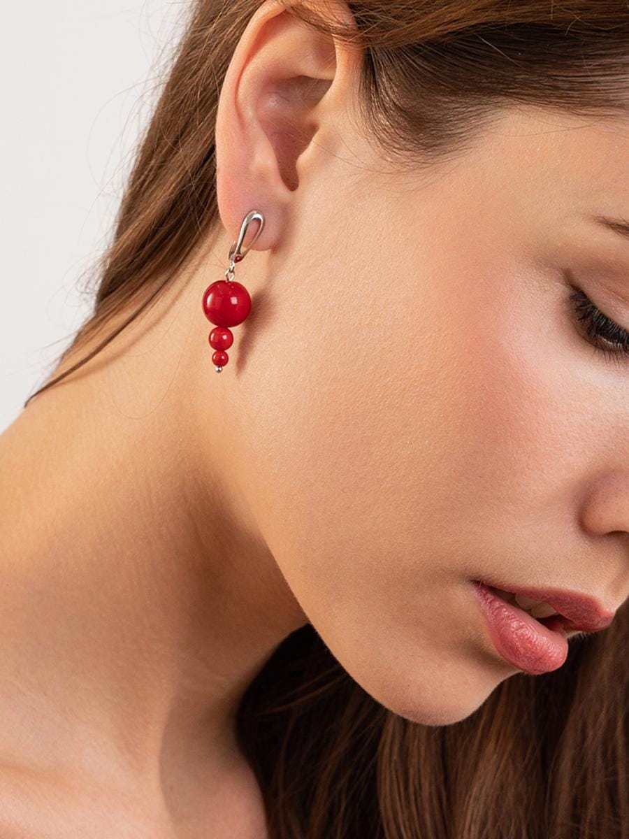 Silver Red Mismatched Earrings, Dangle Handmade Statement Jewelry, Unique Asymmetrical Beaded Art Deco Earrings, Gift for Her, Cute Look