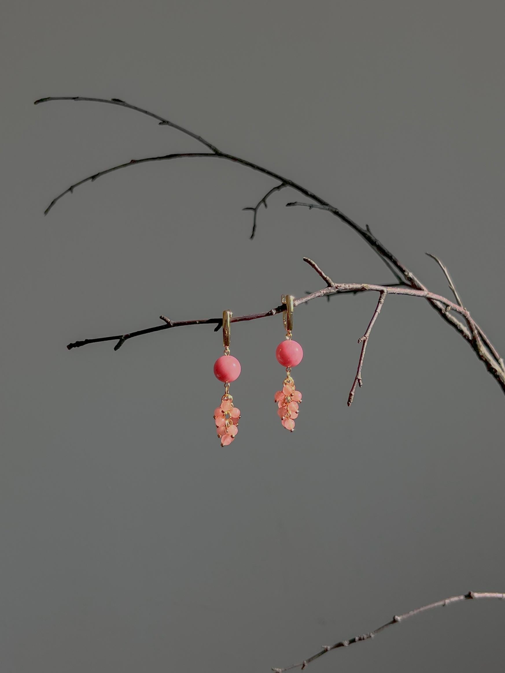 Gold Dangle Drop Earrings, Rose Angelite Quartz Bead Cute Long Earrings, Bohemian Statement Pink Crystal, Wedding Jewelry, Gift for her