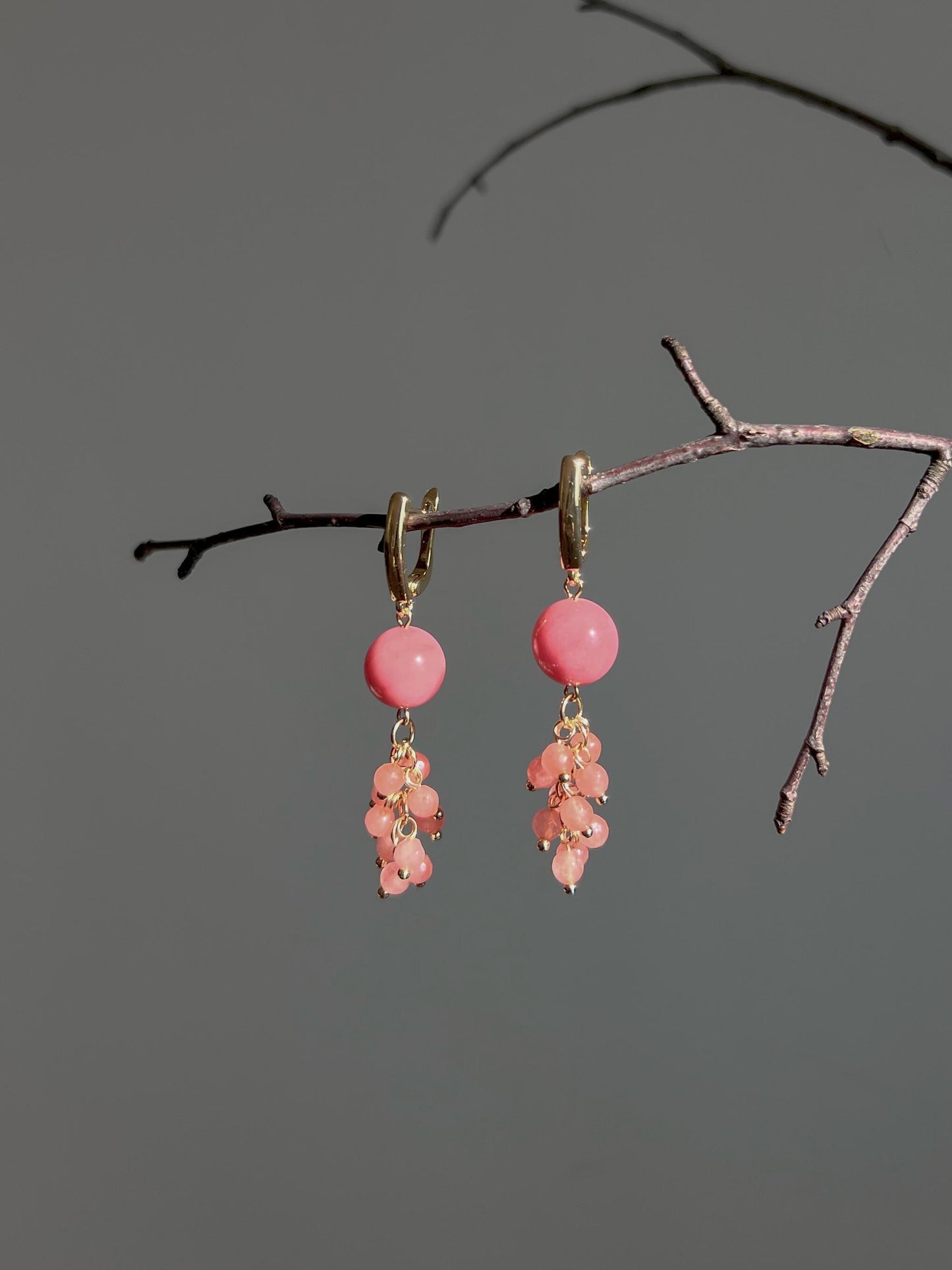 Gold Dangle Drop Earrings, Rose Angelite Quartz Bead Cute Long Earrings, Bohemian Statement Pink Crystal, Wedding Jewelry, Gift for her