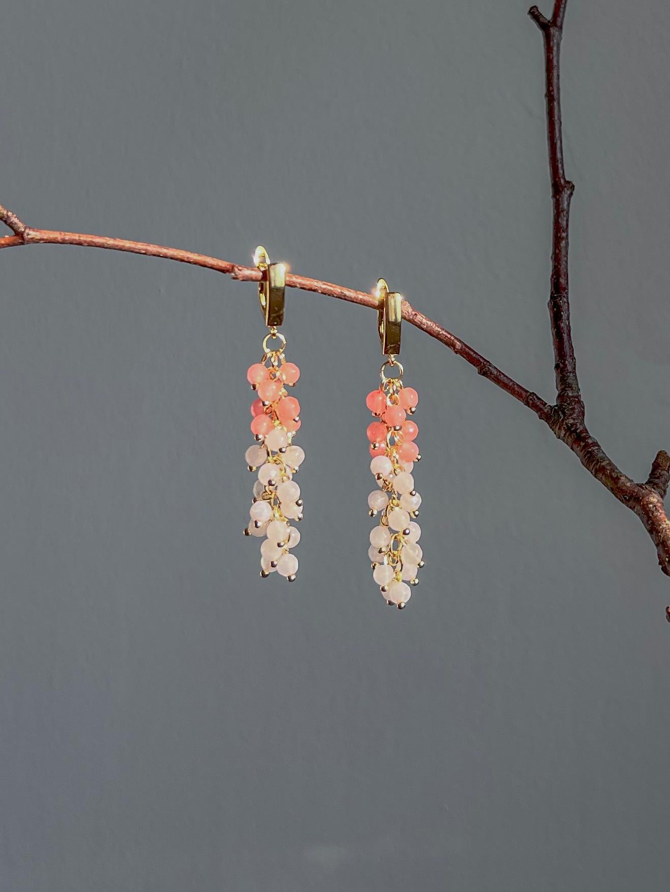 Gold Tassel Dangle Earrings, Pink Rose Quartz Crystal Beaded Earrings, Boho Funky Bridal Wedding Statement Gift for Her, Long Earrings