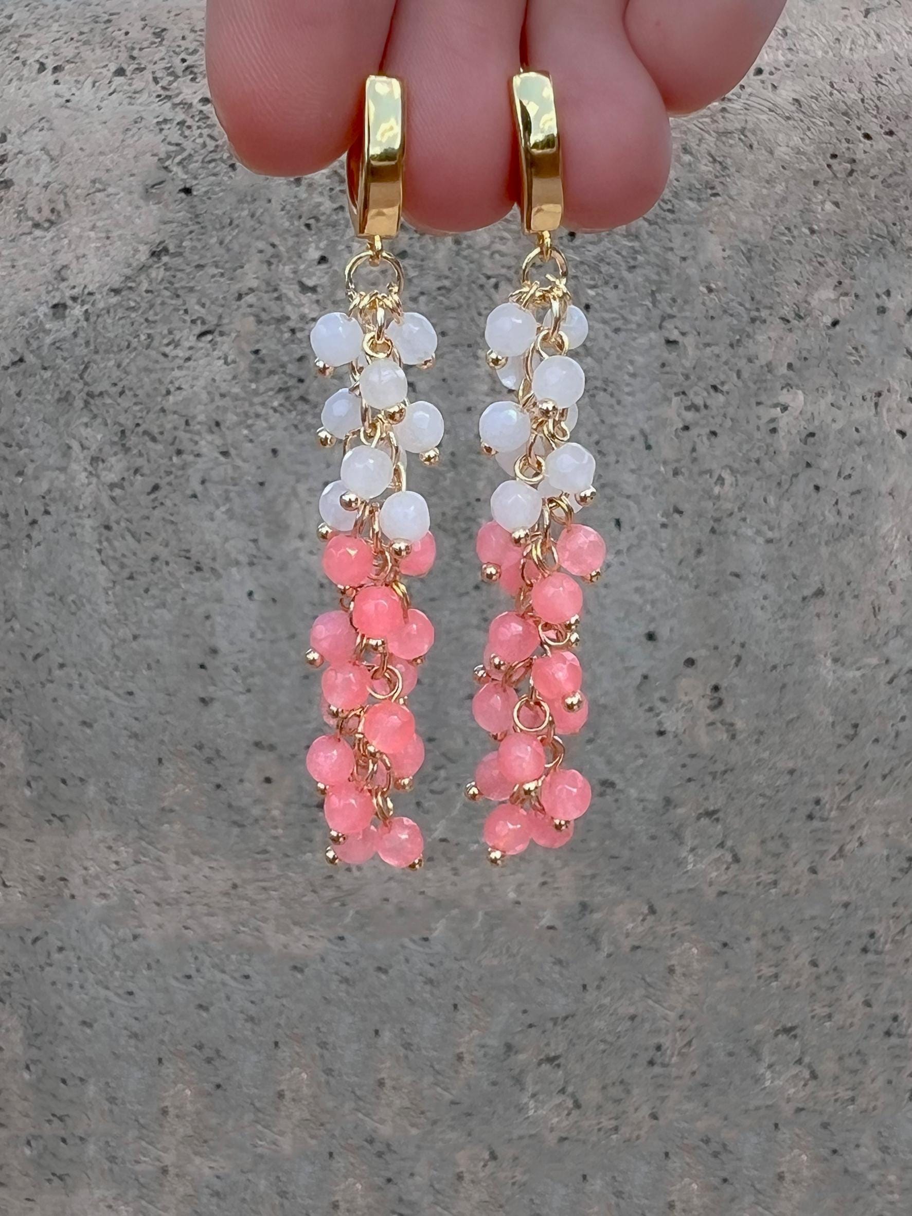 Gold Tassel Dangle Earrings, Pink Rose Quartz Crystal Beaded Earrings, Boho Funky Bridal Wedding Statement Gift for Her, Long Earrings