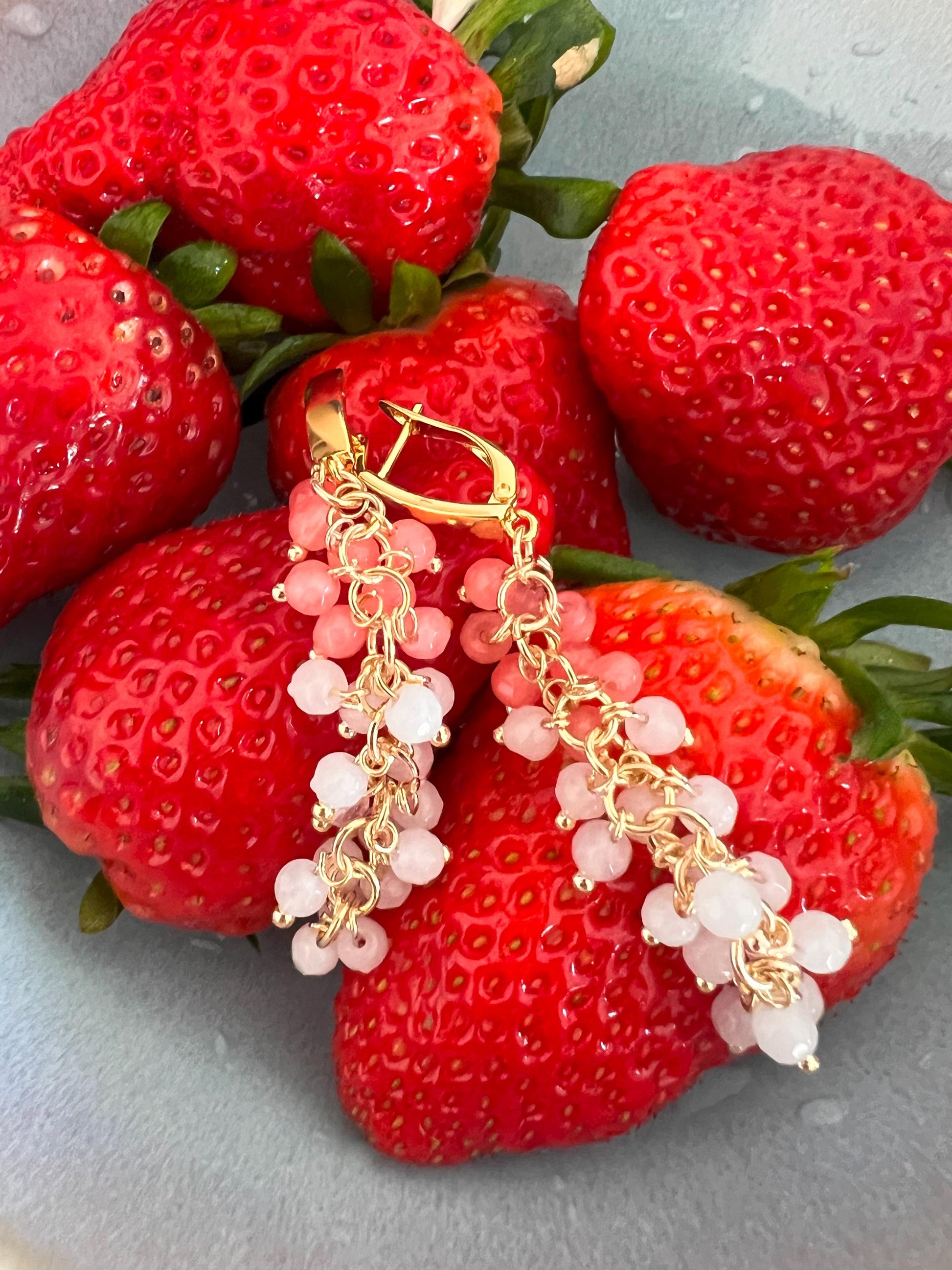 Gold Tassel Dangle Earrings, Pink Rose Quartz Crystal Beaded Earrings, Boho Funky Bridal Wedding Statement Gift for Her, Long Earrings