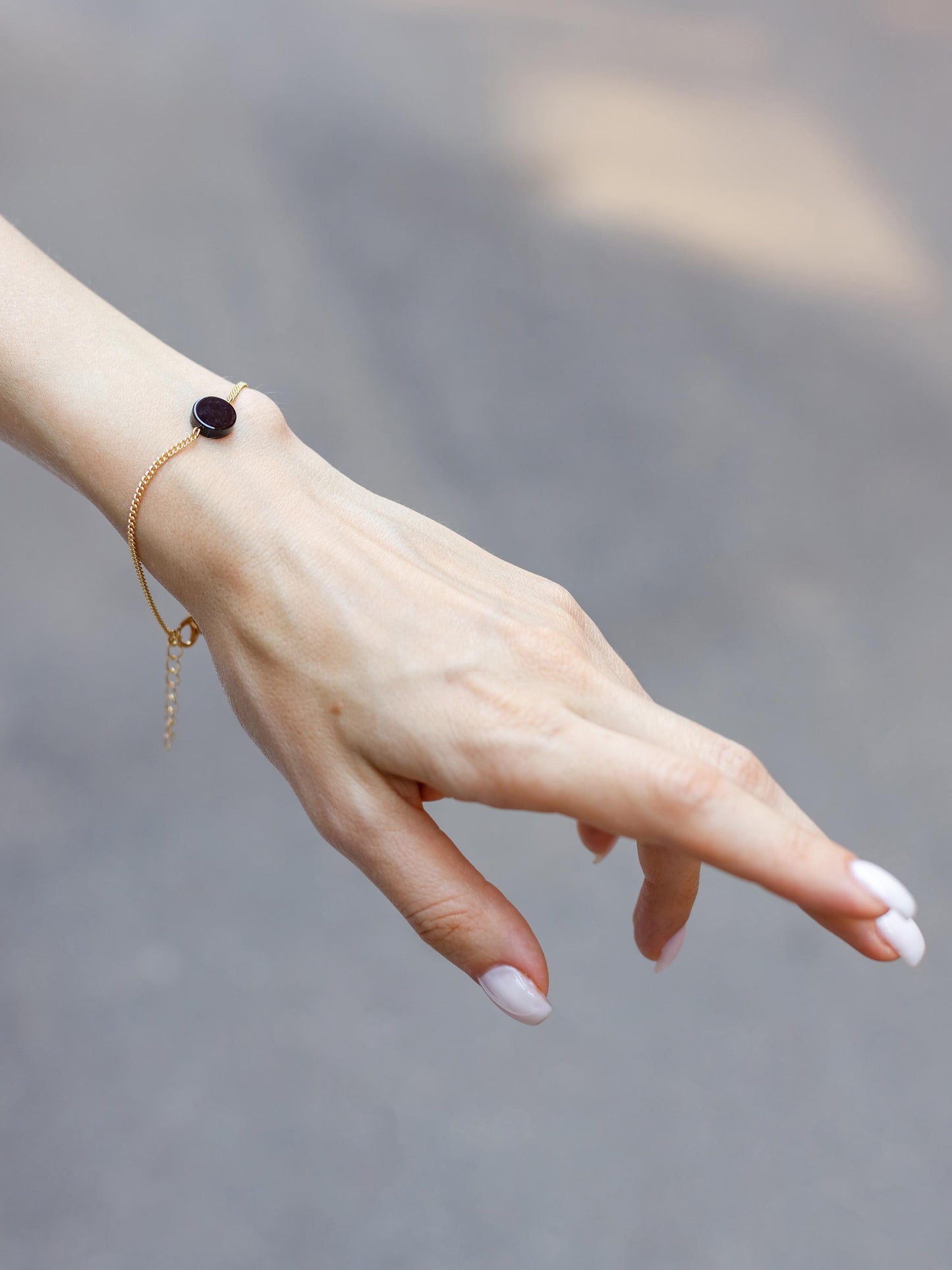 Gold Chain Bracelet, Minimalist Gemstone Bracelet, Dainty Onyx Charm, Adjustable Hand Chain, Y2K Protection Jewelry, Gift for Her, Stack