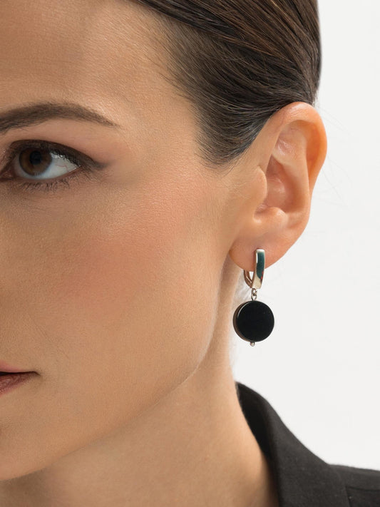 Black Onyx Dangle Earrings, Geometric Silver Bead Crystal Earrings, Minimalist Statement Gemstone Jewelry, Birthstone Gift for Her