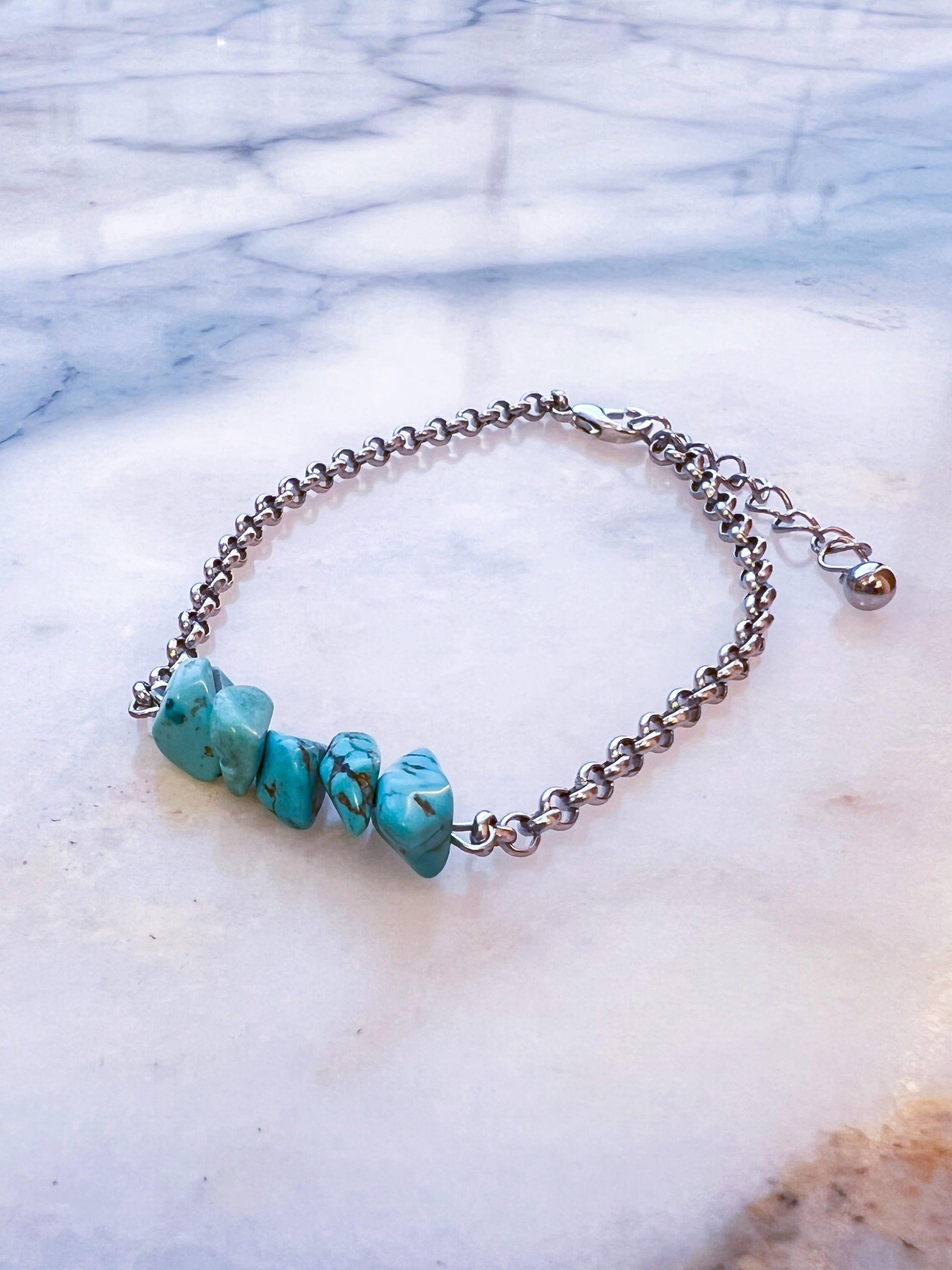 Turquoise Howlite Hand Chain Bracelet – Gemstone Bohemian Jewelry, Beach Ocean Charm Bracelet, Summer Style, Birthday, Gift for Her