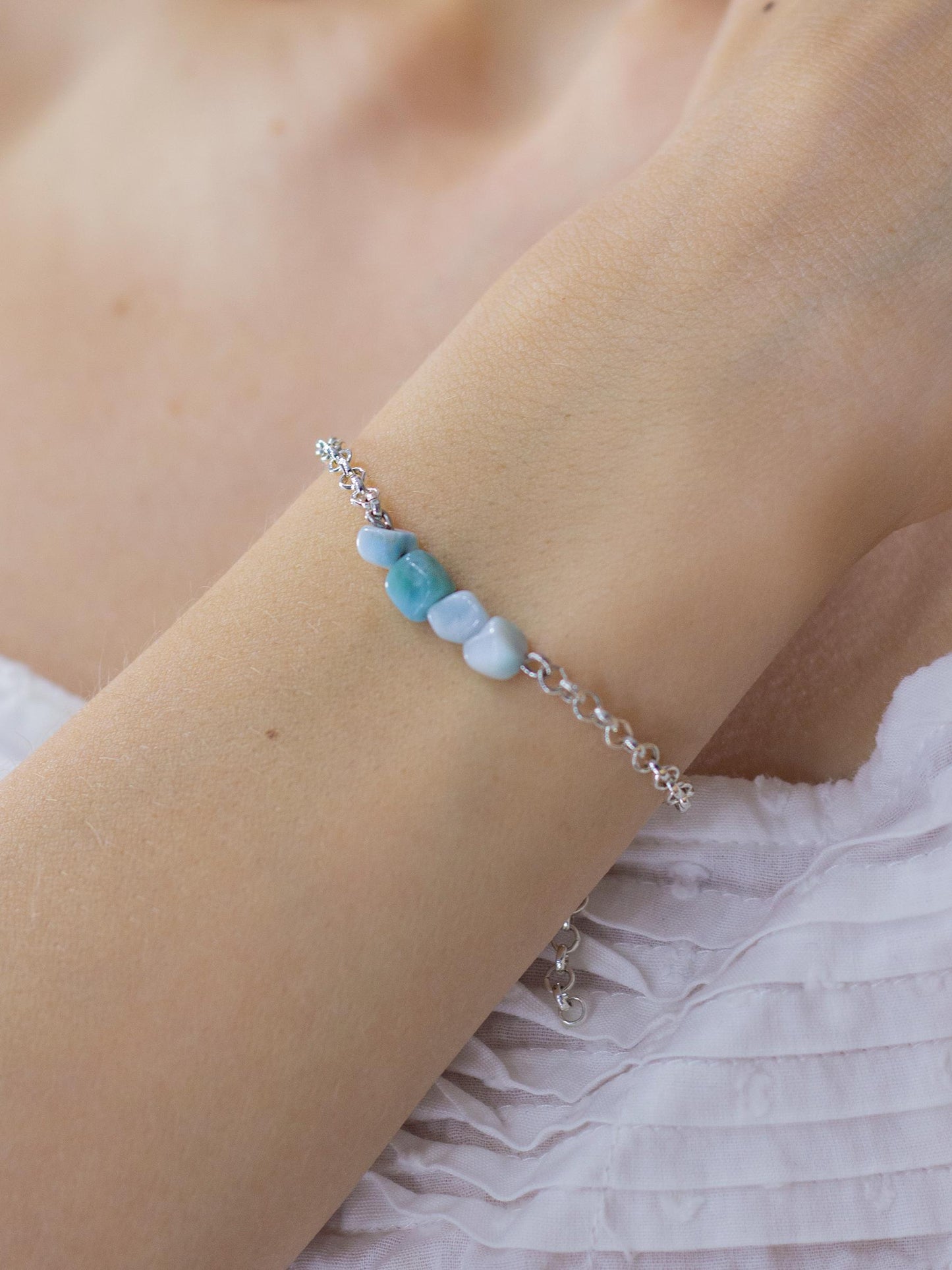 Silver Chain Bracelet with Larimar – Blue Gemstone Crystal Hand Chain Bracelet | Y2K Birthstone Stack | Summer Jewelry Gift for Her
