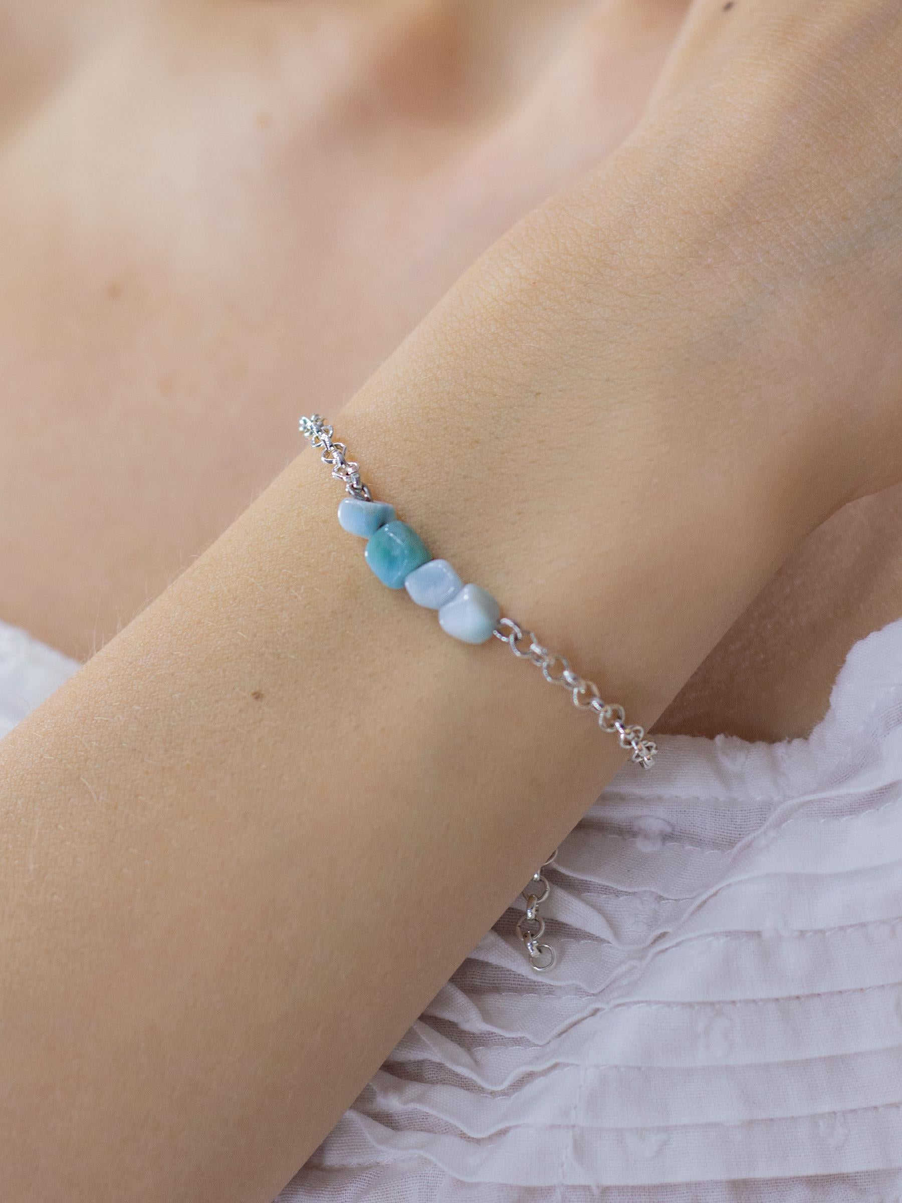 Silver Chain Bracelet with Larimar – Blue Gemstone Crystal Hand Chain Bracelet | Y2K Birthstone Stack | Summer Jewelry Gift for Her