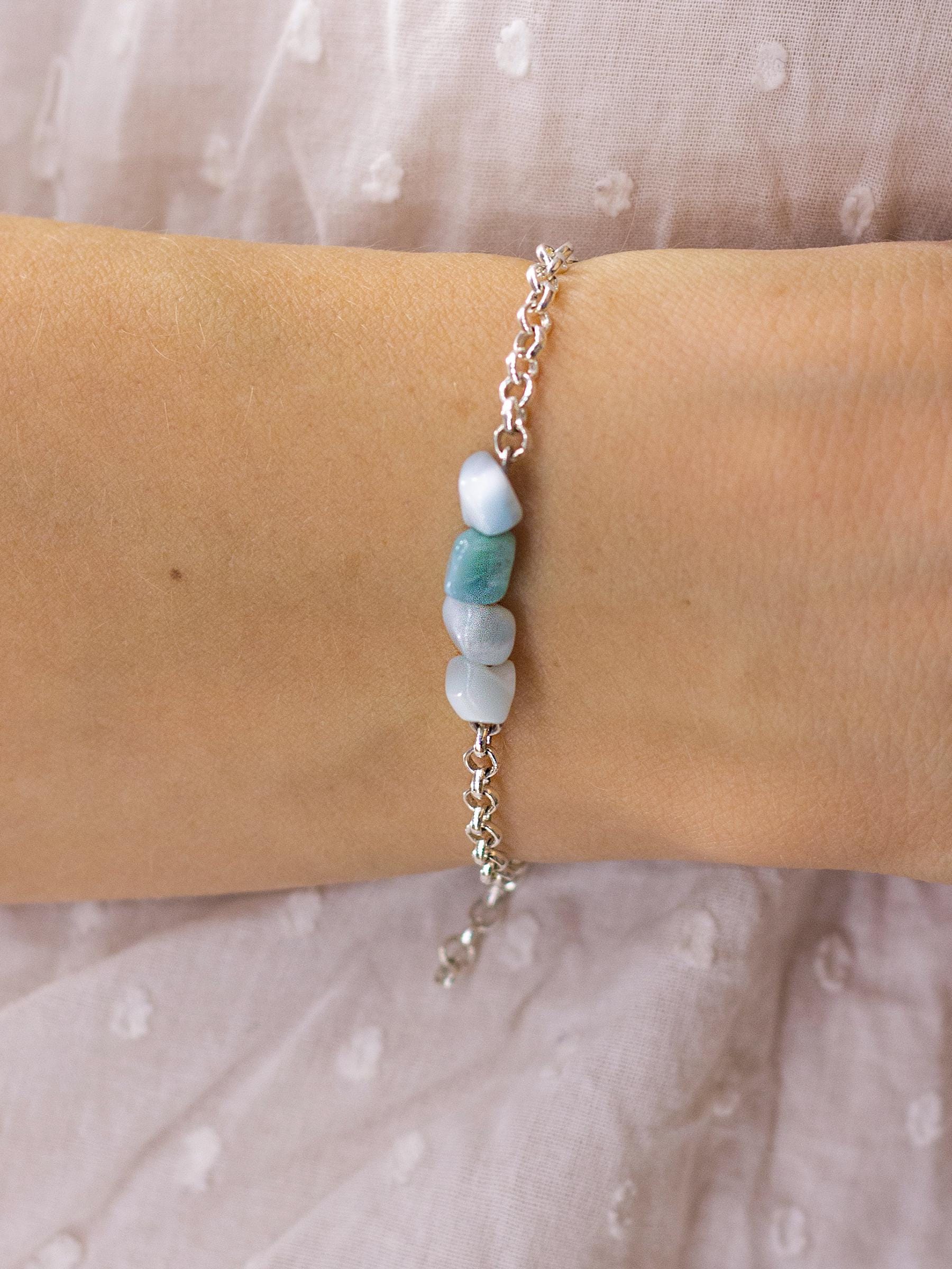Silver Chain Bracelet with Larimar – Blue Gemstone Crystal Hand Chain Bracelet | Y2K Birthstone Stack | Summer Jewelry Gift for Her