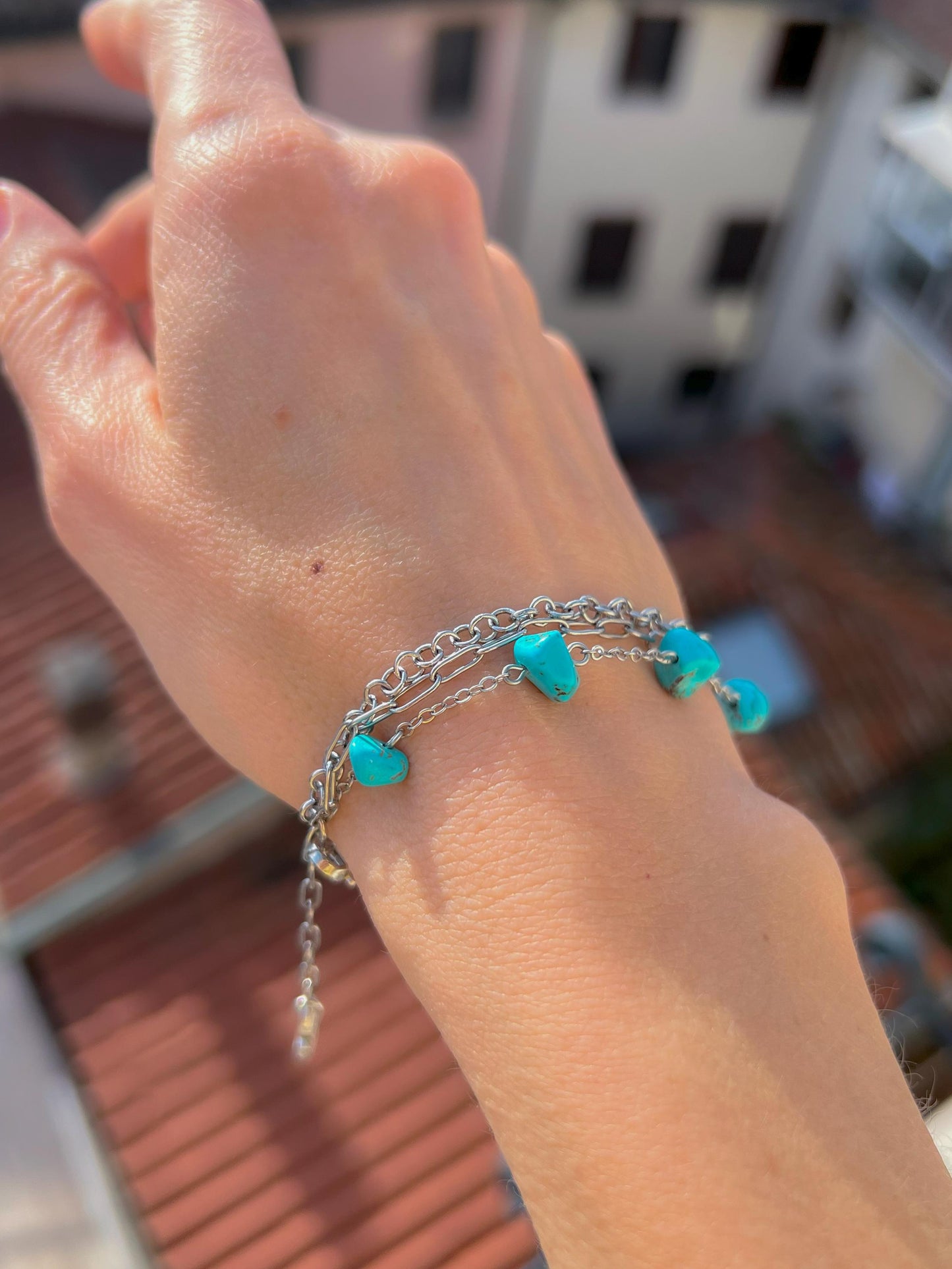 Turquoise Howlite Crystal Charm Chain Bracelet stacking, Dainty Silver Layered Blue Birthstone Boho Jewelry, Handmade Unique Gift for Her