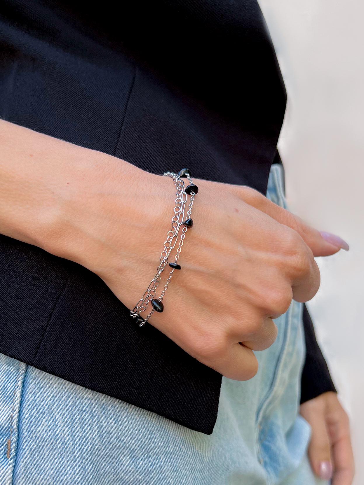 Silver Chain Bracelet, Dainty Beaded Gemstone Charm, Adjustable Boho Y2K Grunge Jewelry, Handmade Layered Bracelet Gift for Her