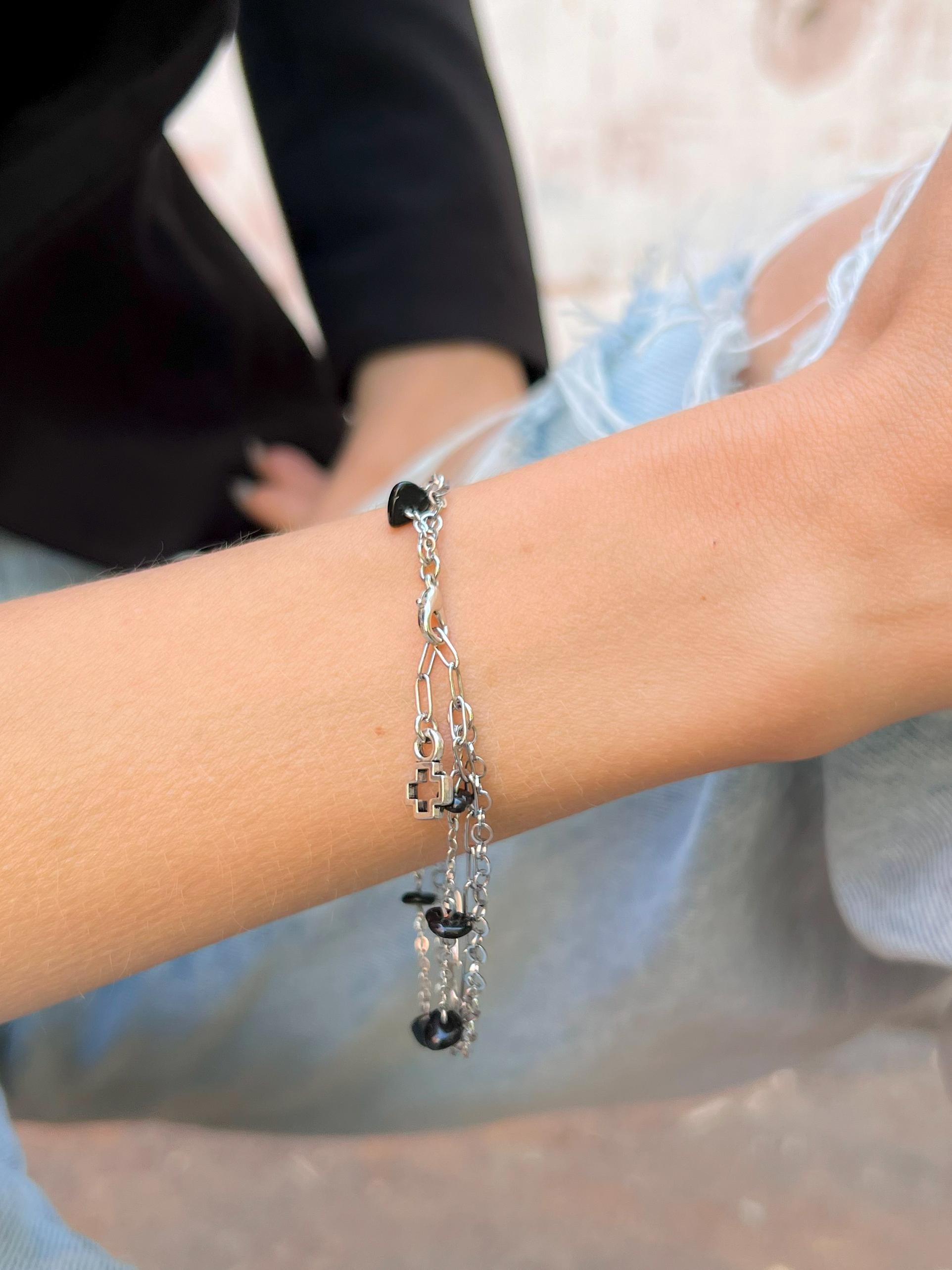 Silver Chain Bracelet, Dainty Beaded Gemstone Charm, Adjustable Boho Y2K Grunge Jewelry, Handmade Layered Bracelet Gift for Her