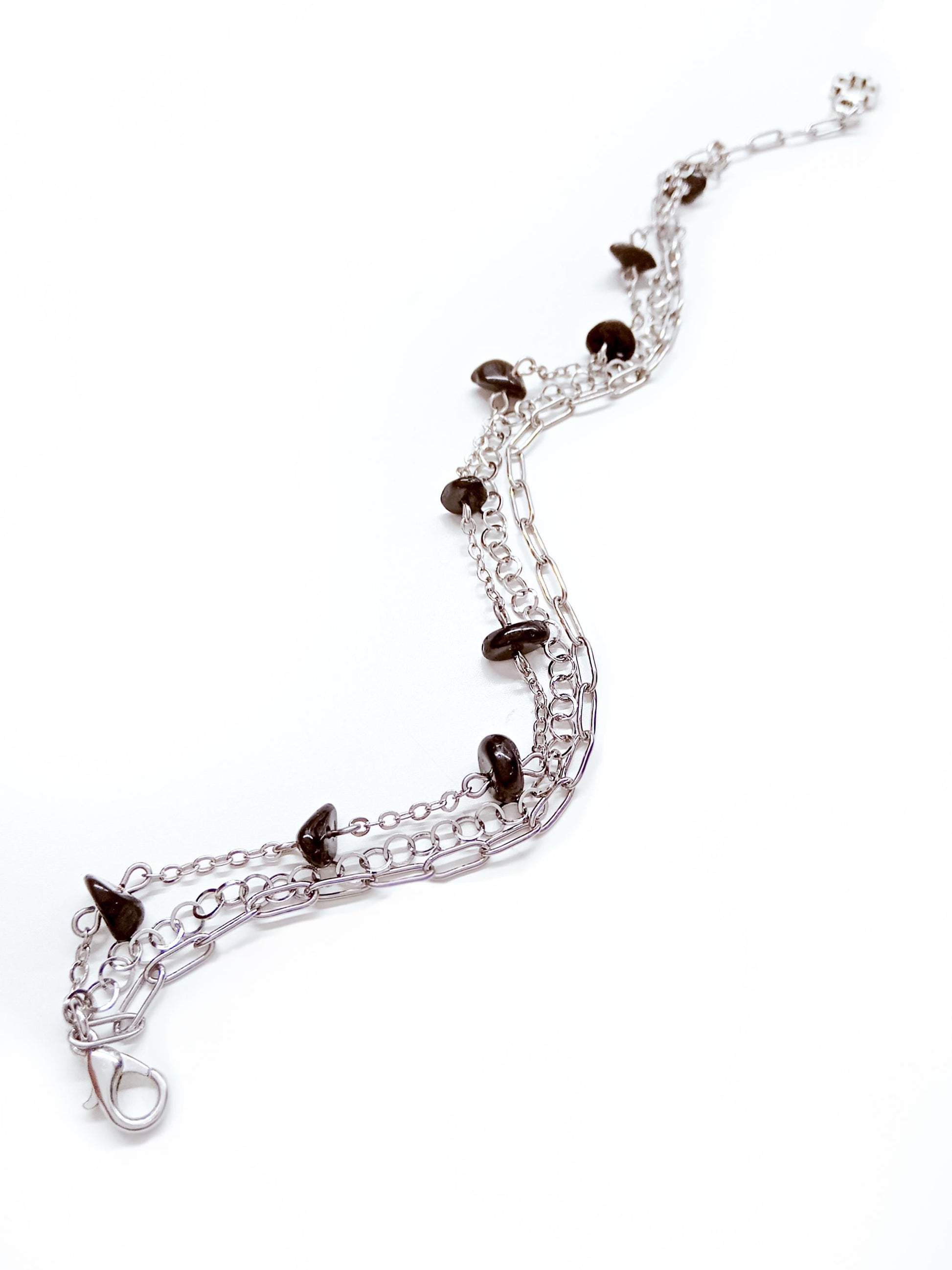 Silver Chain Bracelet, Dainty Beaded Gemstone Charm, Adjustable Boho Y2K Grunge Jewelry, Handmade Layered Bracelet Gift for Her
