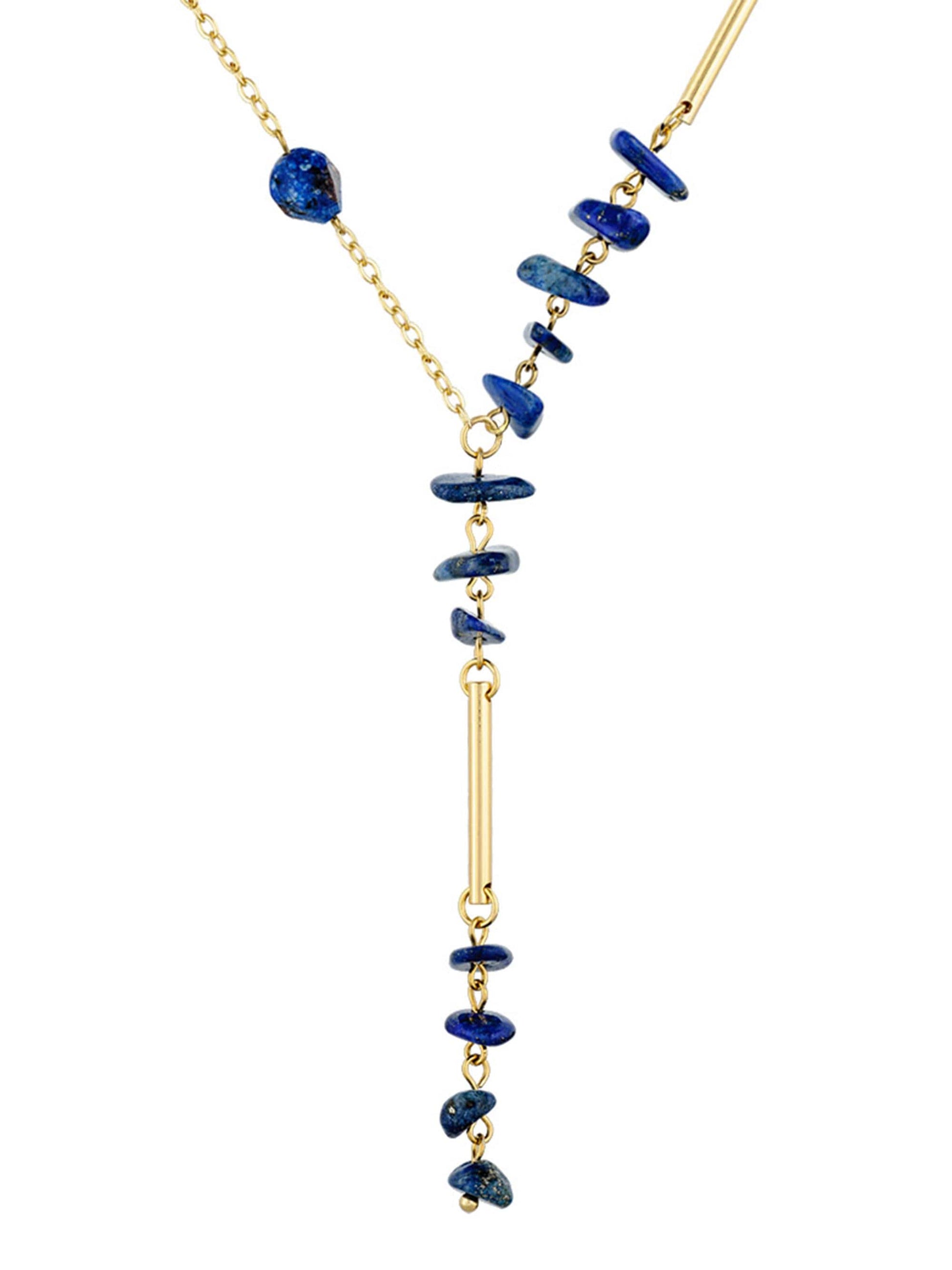 Gold Lariat Necklace with Lapis Lazuli – Dainty Y Necklace, Birthstone Jewelry, Long Boho Chain, Layered Bridal Statement, Gift for Her