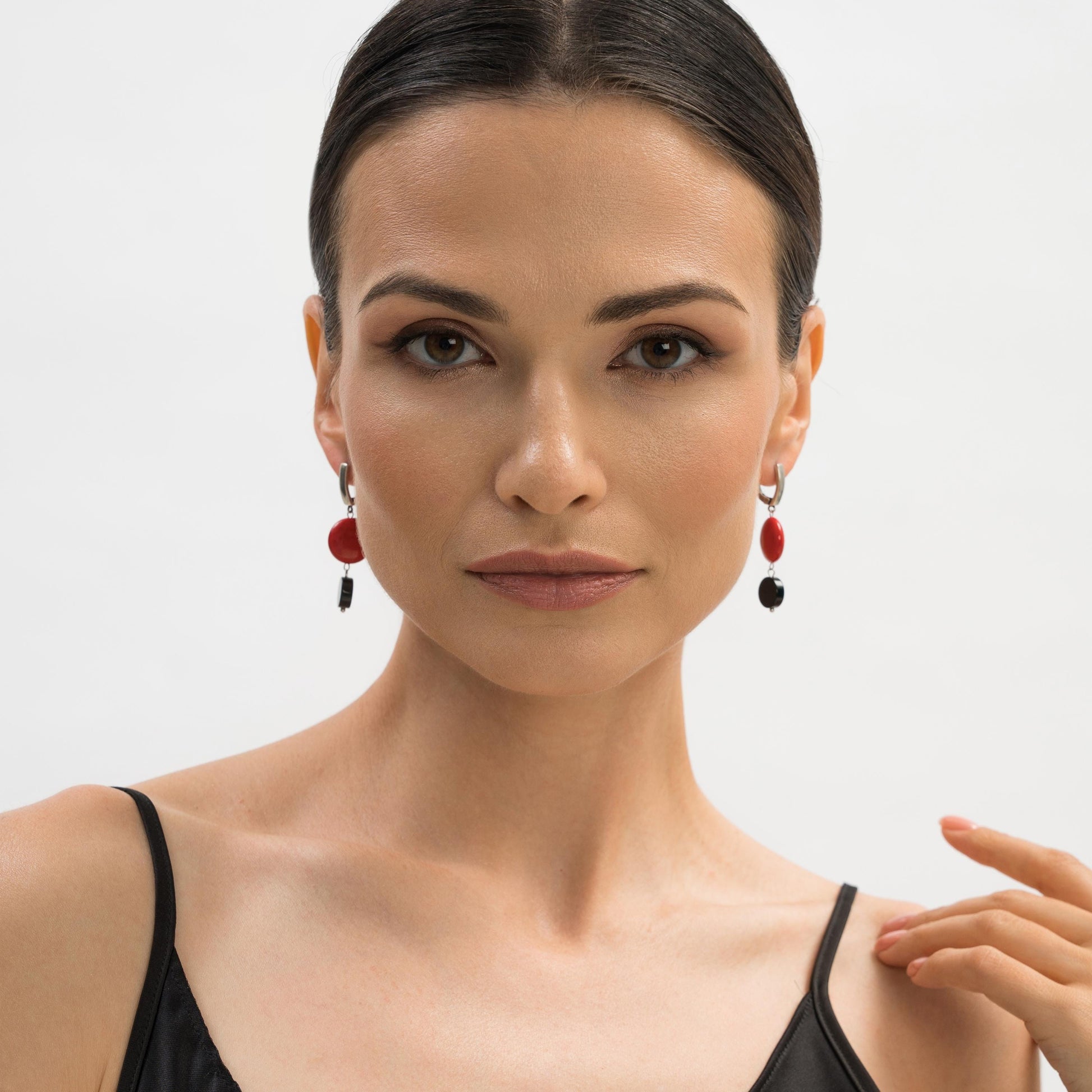 Silver Dangle Earrings with Black Agate and Red Stone, Lightweight Statement Jewelry, Art Deco Suprematism Earrings, Elegant Gift for Her