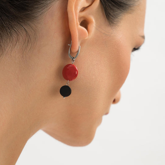Silver Dangle Earrings with Black Agate and Red Stone, Lightweight Statement Jewelry, Art Deco Suprematism Earrings, Elegant Gift for Her