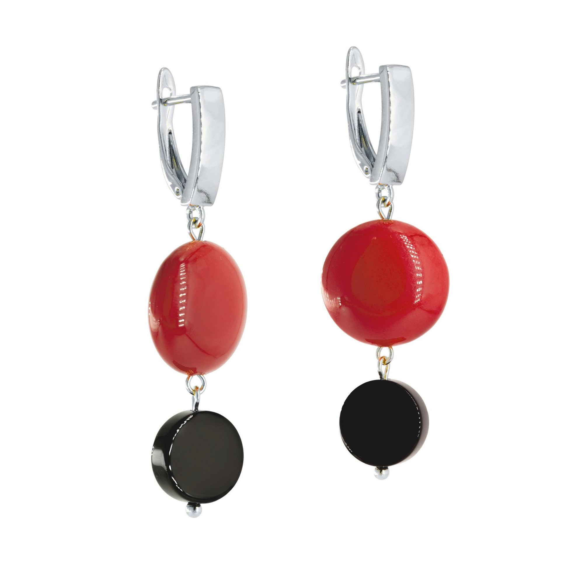 Silver Dangle Earrings with Black Agate and Red Stone, Lightweight Statement Jewelry, Art Deco Suprematism Earrings, Elegant Gift for Her