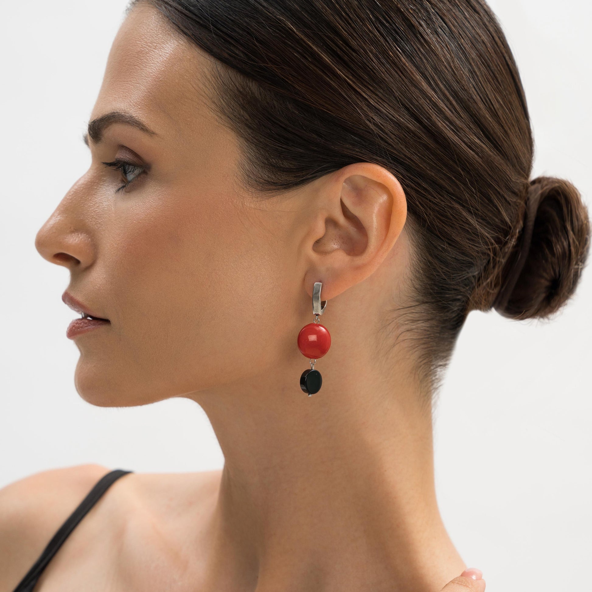 Silver Dangle Earrings with Black Agate and Red Stone, Lightweight Statement Jewelry, Art Deco Suprematism Earrings, Elegant Gift for Her